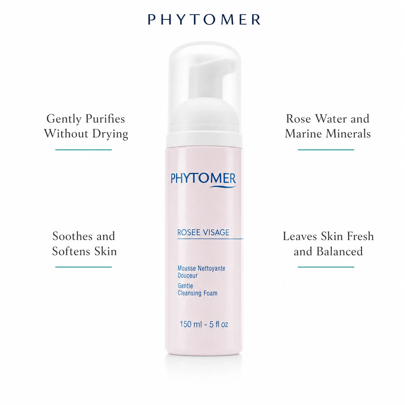 Phytomer Rosee Visage Gentle Cleansing Foam 150ml with four benefit callouts: Gently Purifies Without Drying, Soothes and Softens Skin, Rose Water and Marine Minerals, Leaves Skin Fresh and Balanced