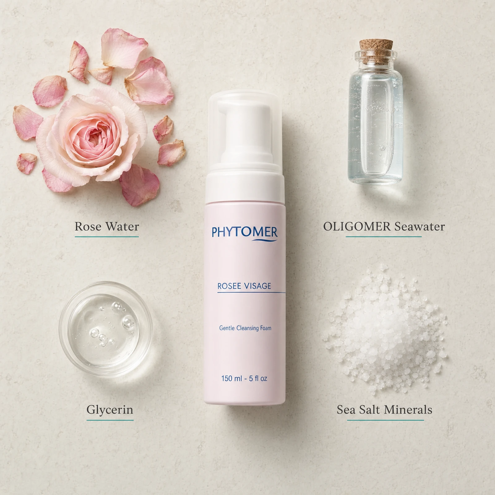 Phytomer Rosee Visage Gentle Cleansing Foam 150ml flatlay on limestone surface with Rose Water, OLIGOMER Seawater, Glycerin, and Sea Salt Minerals