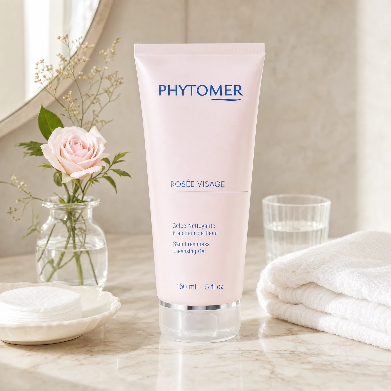 Phytomer Rosee Visage Skin Freshness Cleansing Gel 150ml on a marble bathroom vanity with fresh pink rose in glass vessel, cotton pads, glass of water and white towels, premium at-home skincare setting