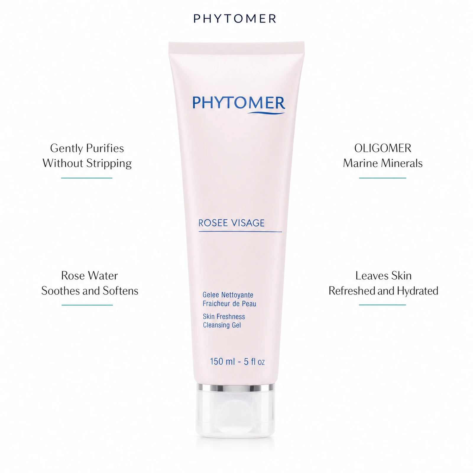 Phytomer Rosee Visage Skin Freshness Cleansing Gel 150ml with four benefit callouts: Gently Purifies Without Stripping, Rose Water Soothes and Softens, OLIGOMER Marine Minerals, Leaves Skin Refreshed and Hydrated