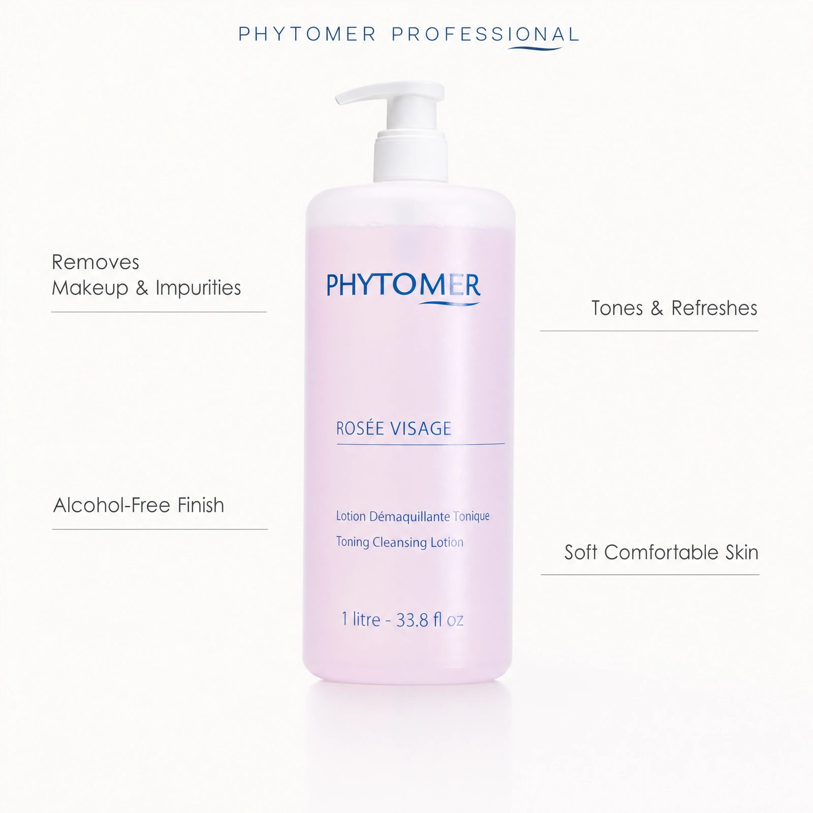 Phytomer Rosée Visage Toning Cleansing Lotion 1 litre professional cleansing and toning lotion benefit callout image for removing makeup, refreshing skin and leaving a soft alcohol-free finish.