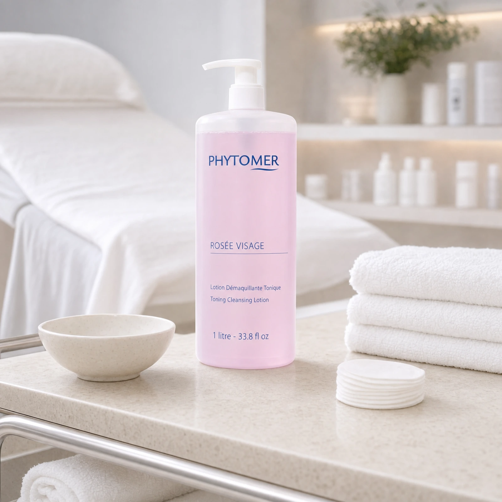Phytomer Rosée Visage Toning Cleansing Lotion 1 litre displayed in a professional spa treatment room for cleansing, toning and skin preparation in salon and clinic treatments.