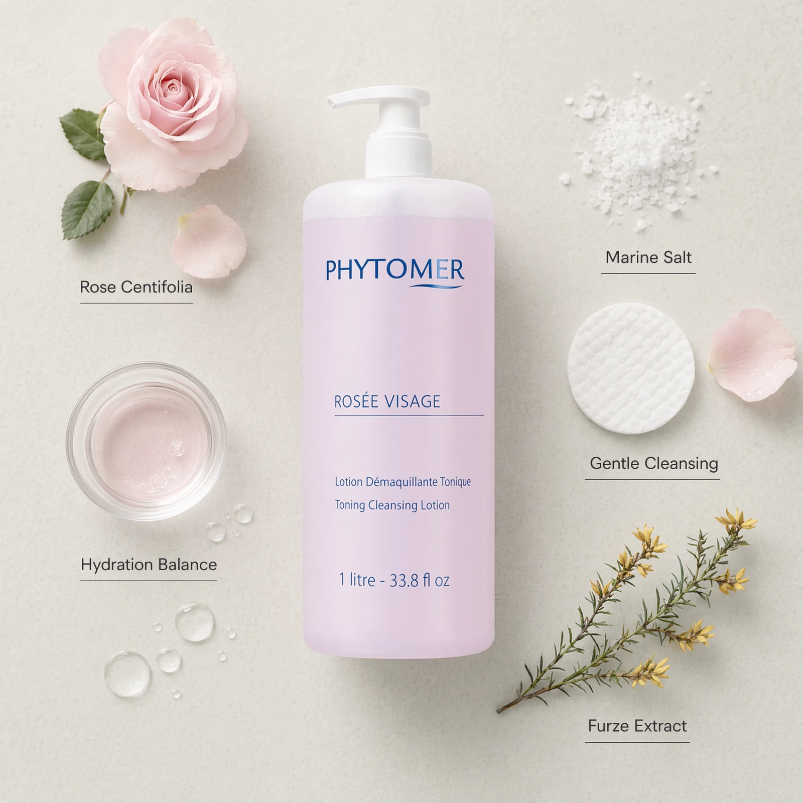 Phytomer Rosée Visage Toning Cleansing Lotion 1 litre ingredient flatlay featuring rose centifolia, marine salt, gentle cleansing agents, furze extract and hydration balance cues.