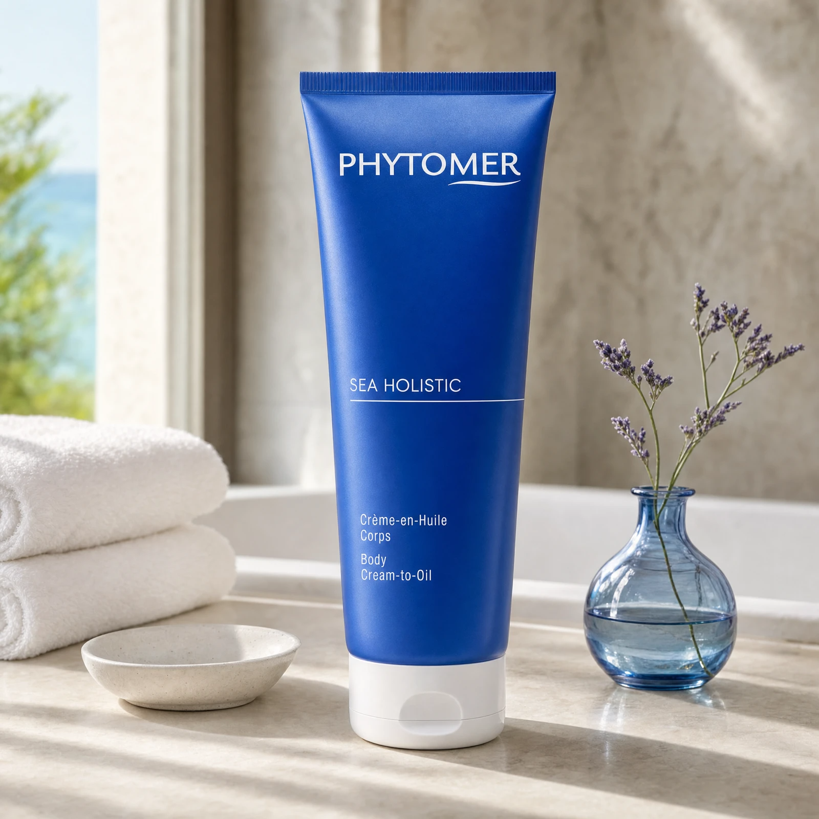 Phytomer Sea Holistic Body Cream-to-Oil 150ml on a marble bath ledge with lavender in blue glass vessel, white towels and ceramic dish, premium at-home bathroom setting