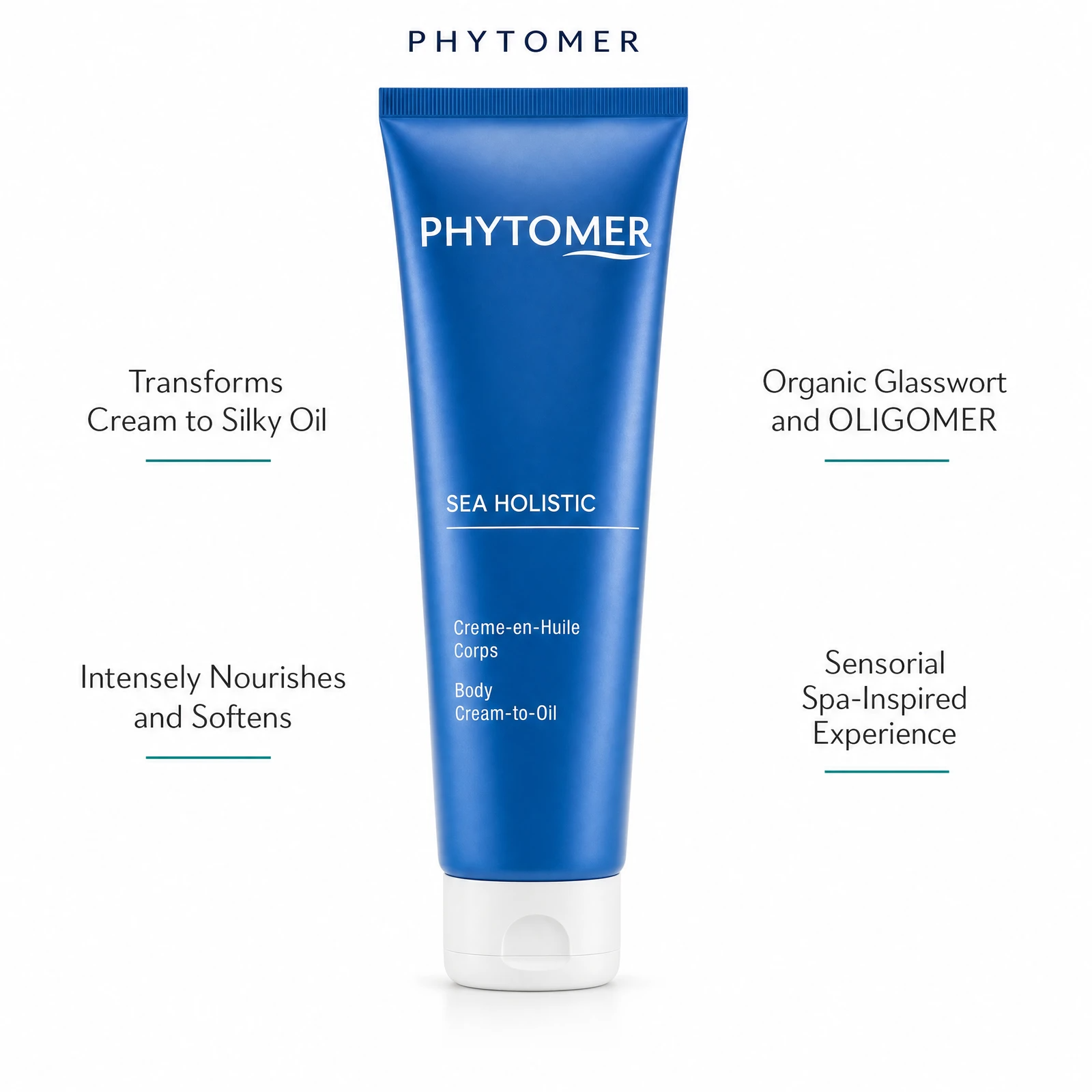 Phytomer Sea Holistic Body Cream-to-Oil 150ml with four benefit callouts: Transforms Cream to Silky Oil, Intensely Nourishes and Softens, Organic Glasswort and OLIGOMER, Sensorial Spa-Inspired Experience