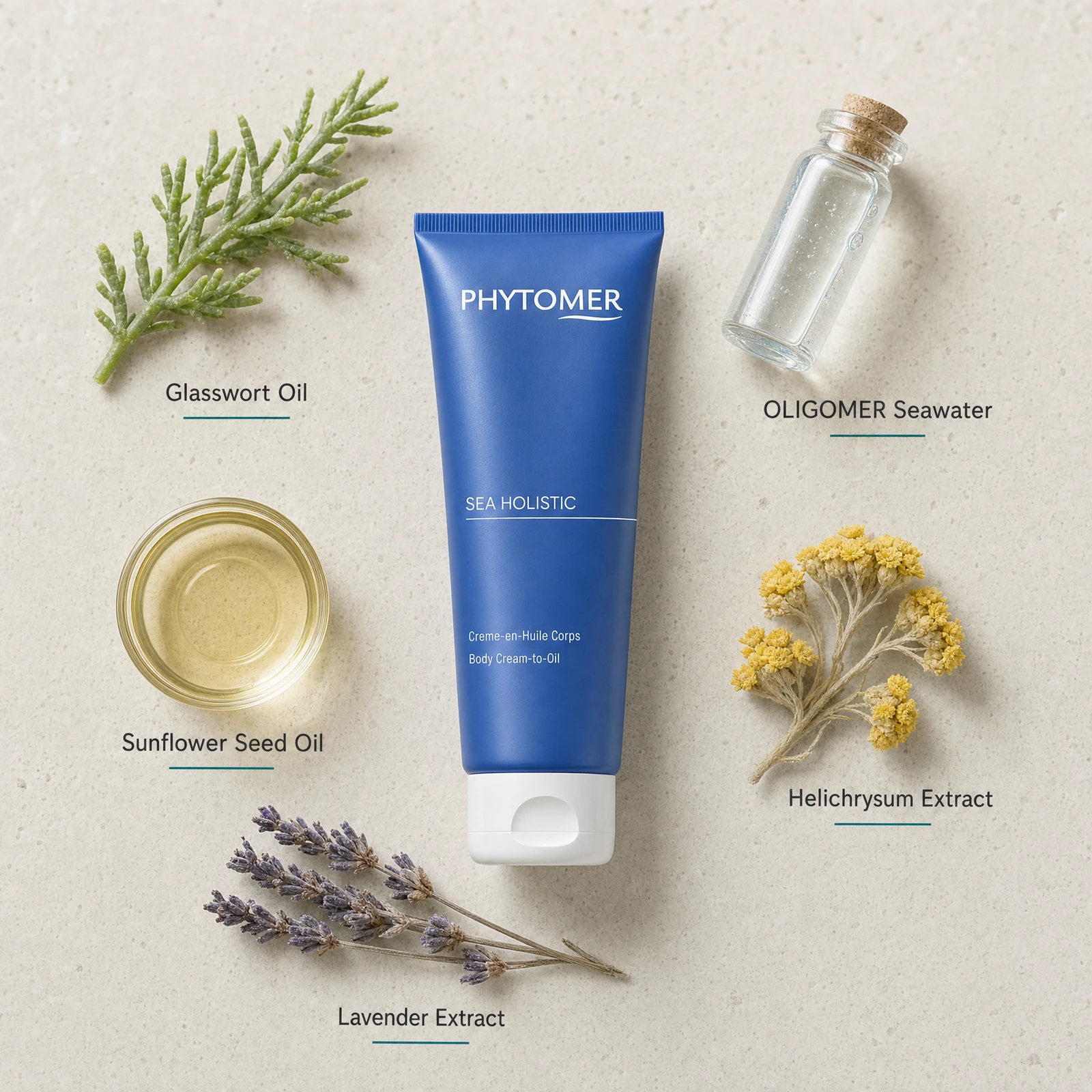 Phytomer Sea Holistic Body Cream-to-Oil 150ml flatlay on limestone surface with Glasswort Oil, OLIGOMER Seawater, Sunflower Seed Oil, Helichrysum Extract, and Lavender Extract