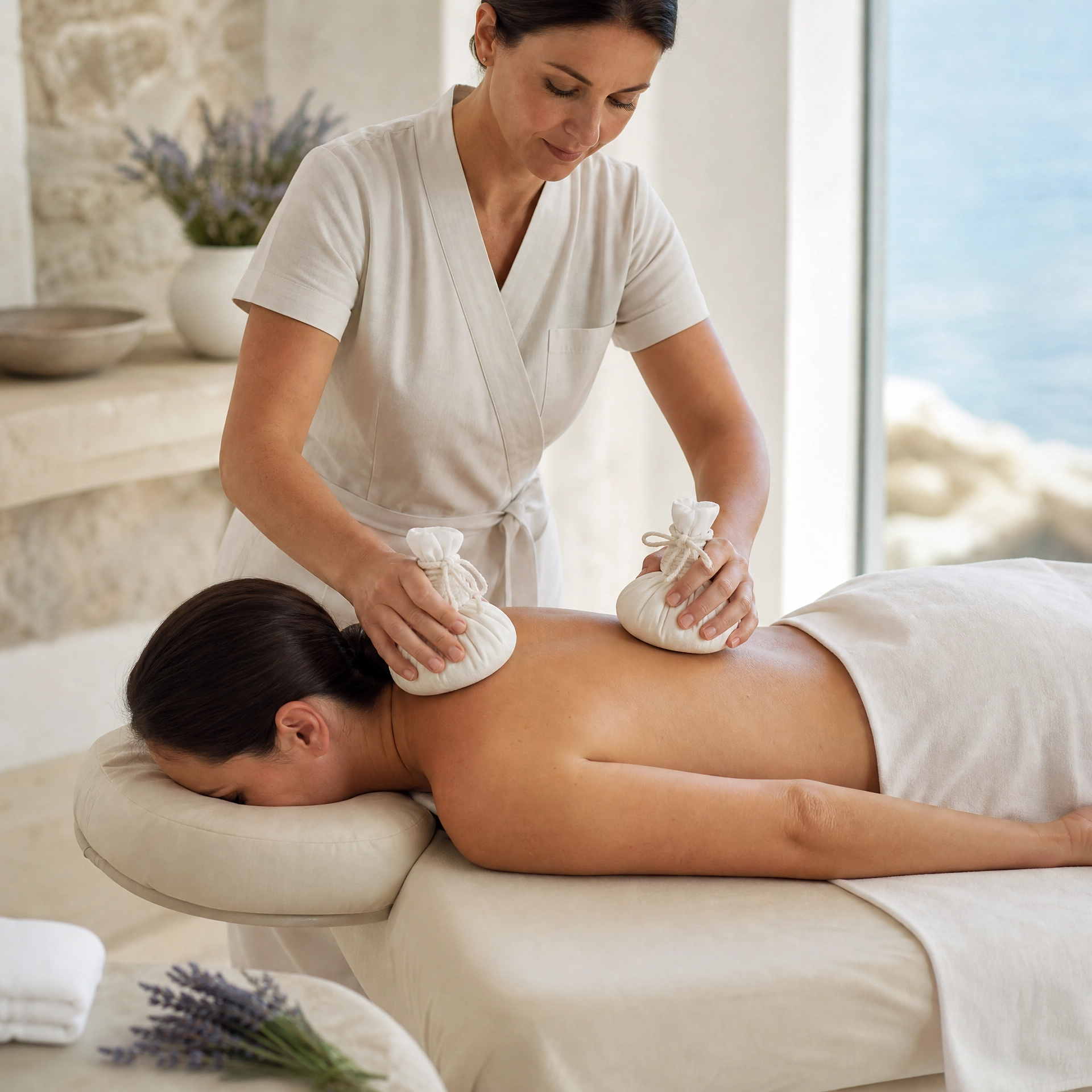 Therapist using warmed linen Marine Boluses across a client’s upper back during the Phytomer Sea Holistic body treatment