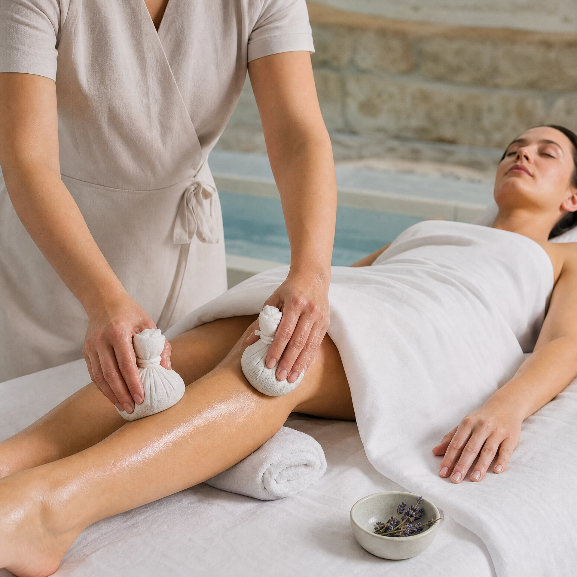Therapist using warmed linen Marine Boluses on a client’s legs during the Phytomer Sea Holistic body treatment
