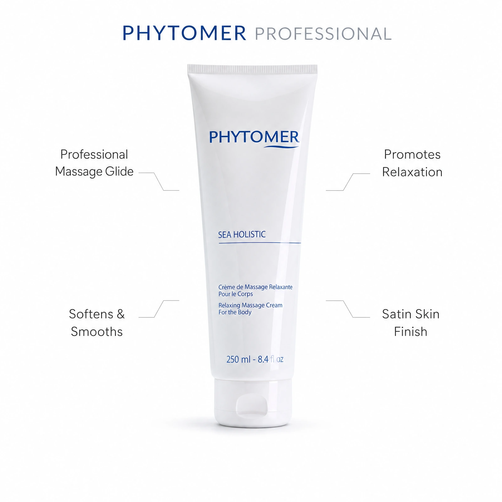 Phytomer Sea Holistic Relaxing Massage Cream for the Body 250ml professional massage cream benefit callout image for glide, relaxation, softening and satin skin finish.