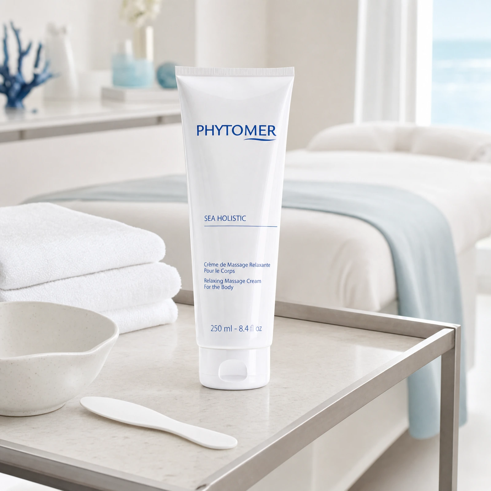 Phytomer Sea Holistic Relaxing Massage Cream for the Body 250ml displayed in a professional spa treatment room for body massage and holistic relaxation treatments.