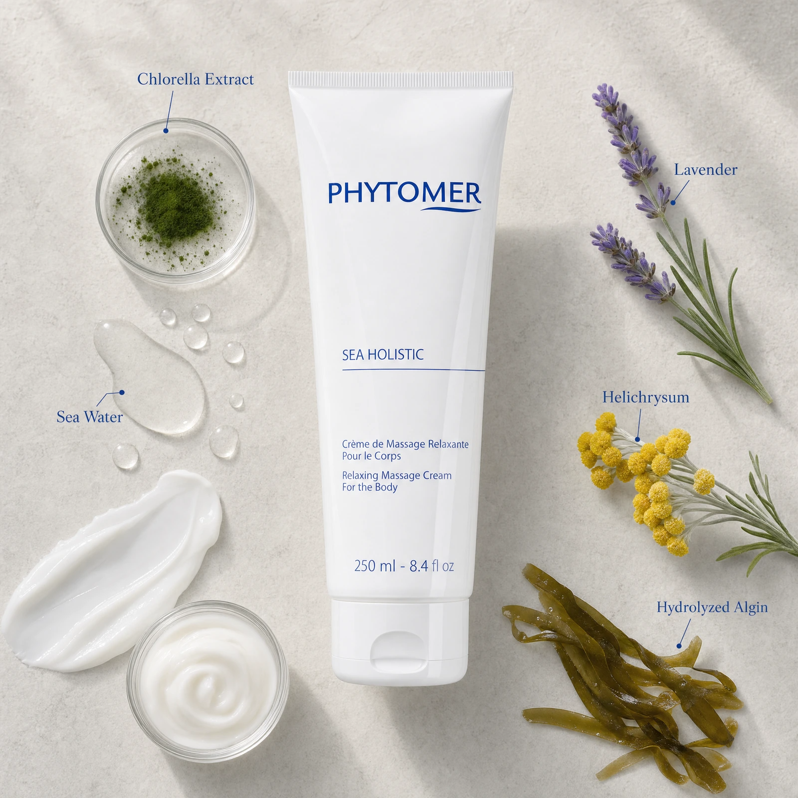 Phytomer Sea Holistic Relaxing Massage Cream for the Body 250ml ingredient flatlay featuring chlorella extract, sea water, lavender, helichrysum and hydrolyzed algin.