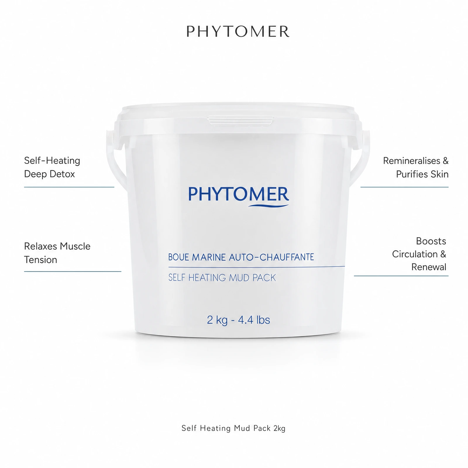 Phytomer Self Heating Mud Pack 2kg with four professional benefit callouts: Self-Heating Deep Detox, Relaxes Muscle Tension, Remineralises and Purifies Skin, Boosts Circulation and Renewal