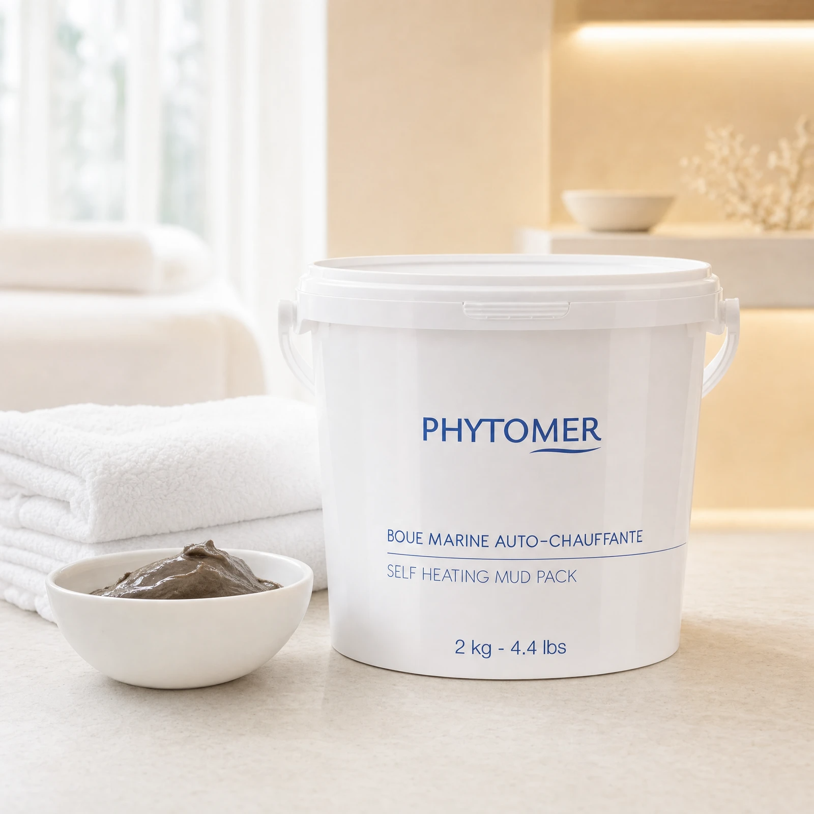 Phytomer Self Heating Mud Pack 2kg professional bucket on a premium spa treatment counter with white towels and prepared mud paste in a ceramic bowl