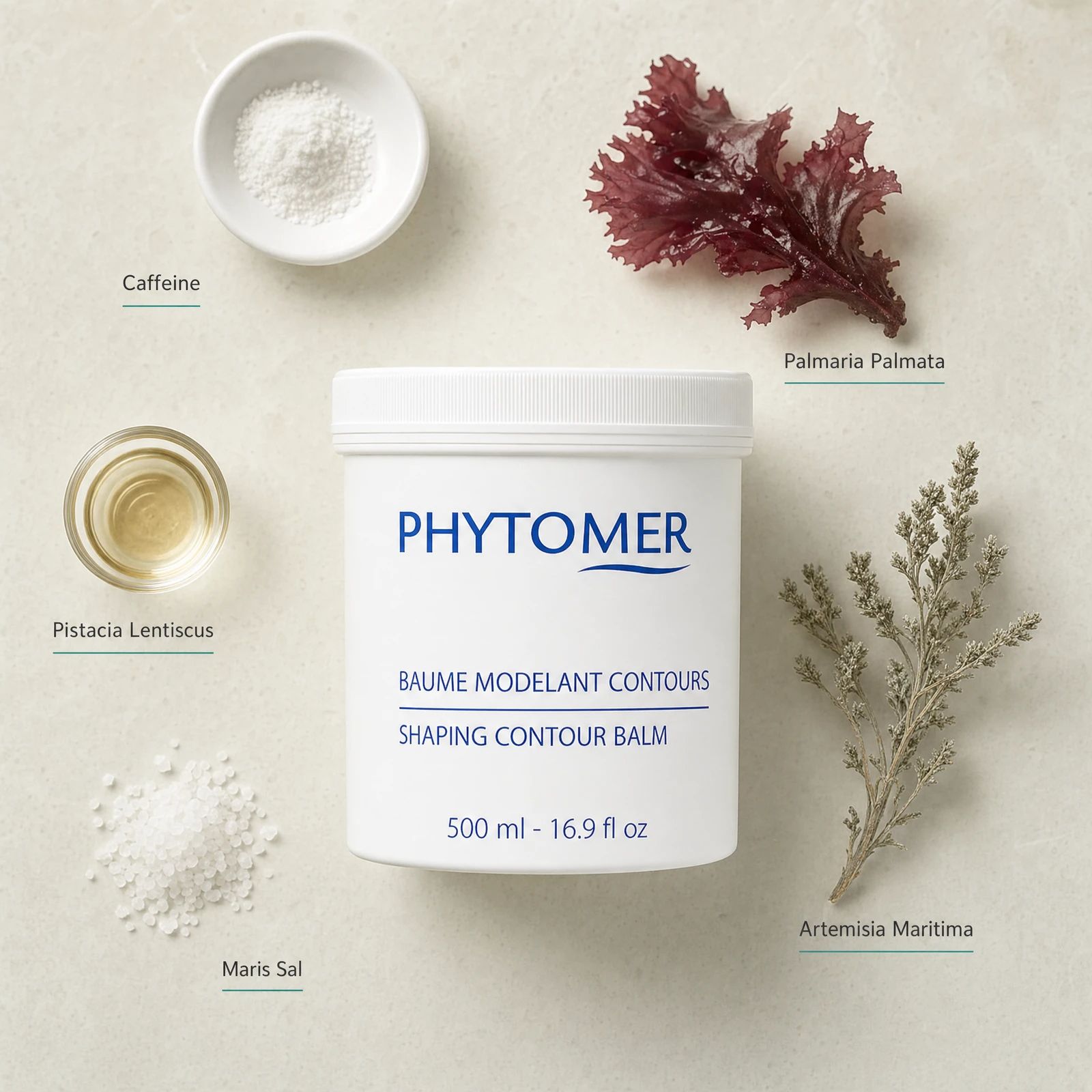 Phytomer Shaping Contour Balm 500ml flatlay with key ingredients including Caffeine, Palmaria Palmata red algae, Pistacia Lentiscus oil, Artemisia Maritima and Maris Sal sea salt