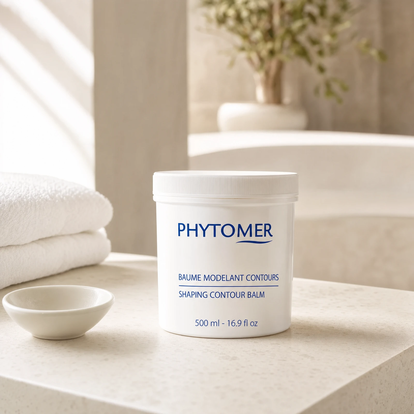 Phytomer Shaping Contour Balm 500ml professional tub on a premium spa body contouring treatment stone counter with white towels and ceramic dish