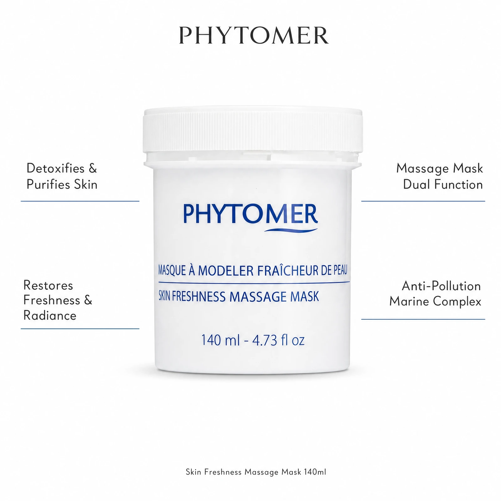 Phytomer Skin Freshness Massage Mask 140ml with four professional benefit callouts: Detoxifies and Purifies Skin, Restores Freshness and Radiance, Massage Mask Dual Function, Anti-Pollution Marine Complex
