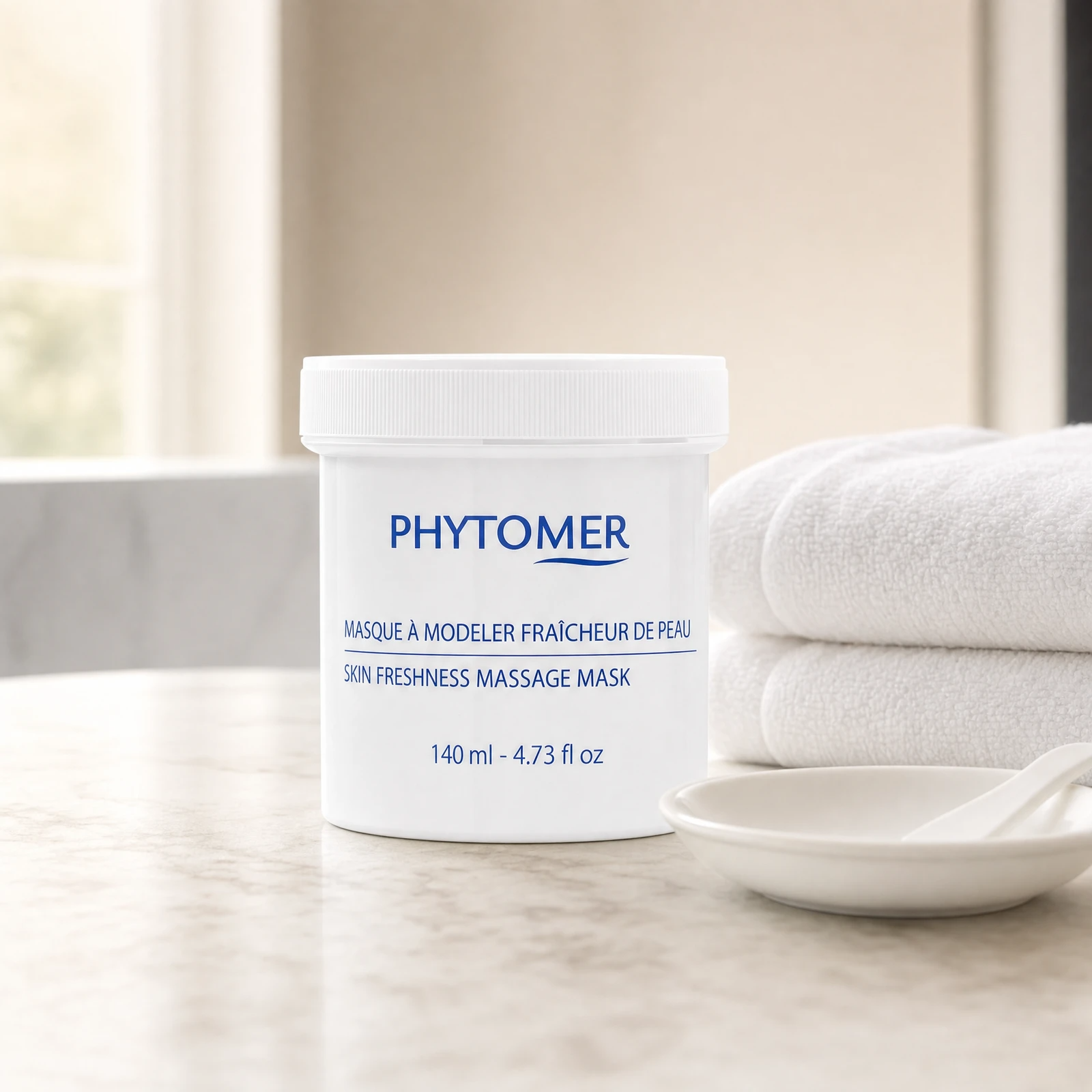 Phytomer Skin Freshness Massage Mask 140ml professional tub on a premium beauty clinic marble counter with white spa towels and ceramic spatula dish