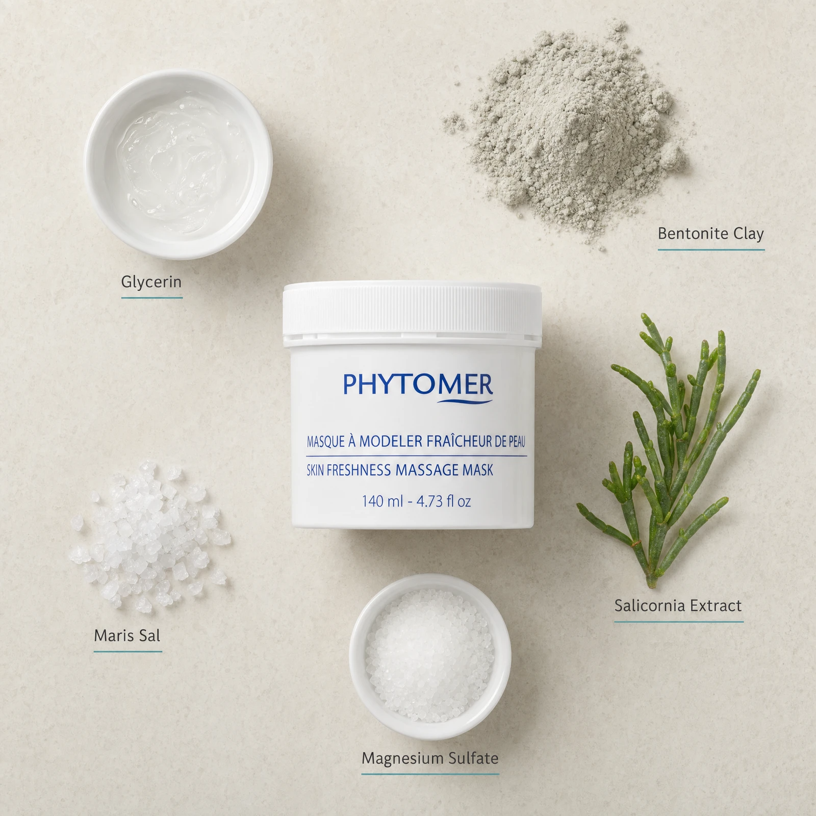 Phytomer Skin Freshness Massage Mask 140ml flatlay with key ingredients including Glycerin, Bentonite Clay, Salicornia Extract, Maris Sal sea salt and Magnesium Sulfate
