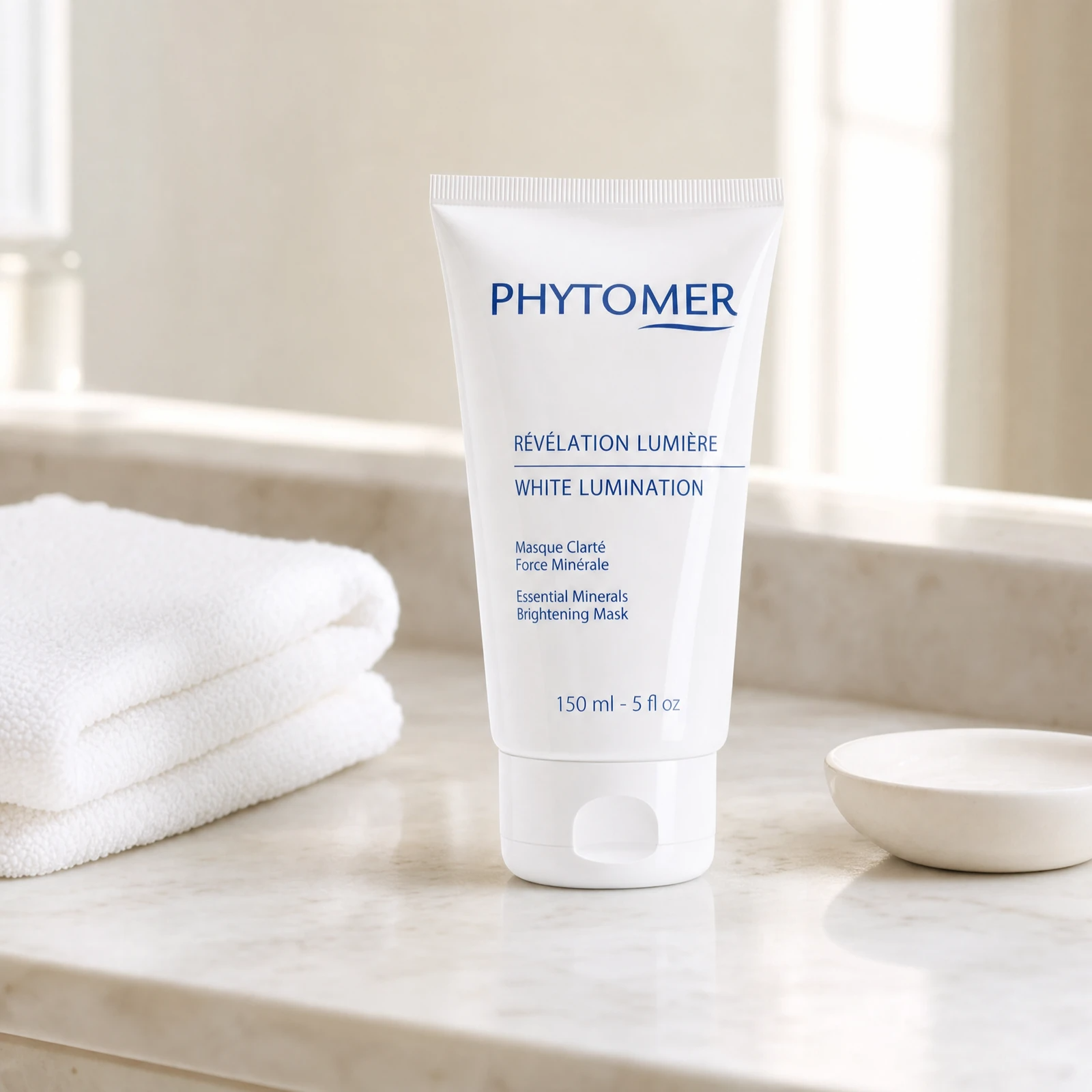 Phytomer Skin Lumination Essential Minerals Brightening Mask 150ml professional tube on a premium beauty clinic marble counter with white spa towels and ceramic dish