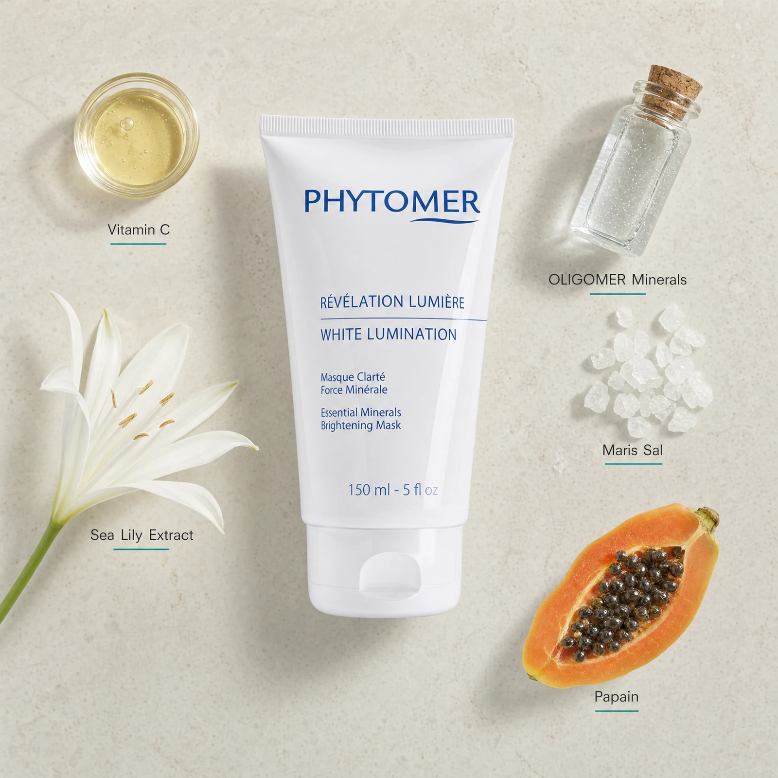 Phytomer Skin Lumination Brightening Mask 150ml flatlay with key ingredients including Vitamin C, Sea Lily Extract, OLIGOMER Minerals, Maris Sal sea salt and Papain