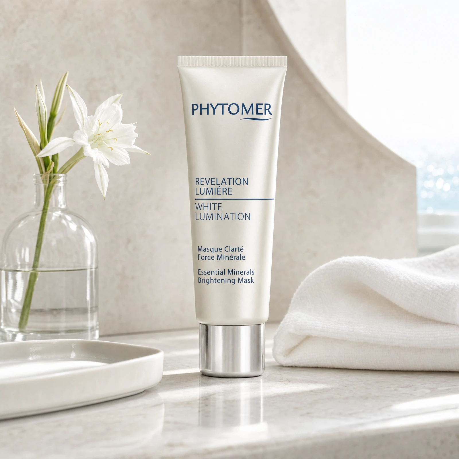 Phytomer Revelation Lumière White Lumination essential minerals brightening mask in a white squeeze tube with a silver cap, styled on a marble surface with a white towel and a glass vase of white flowers.