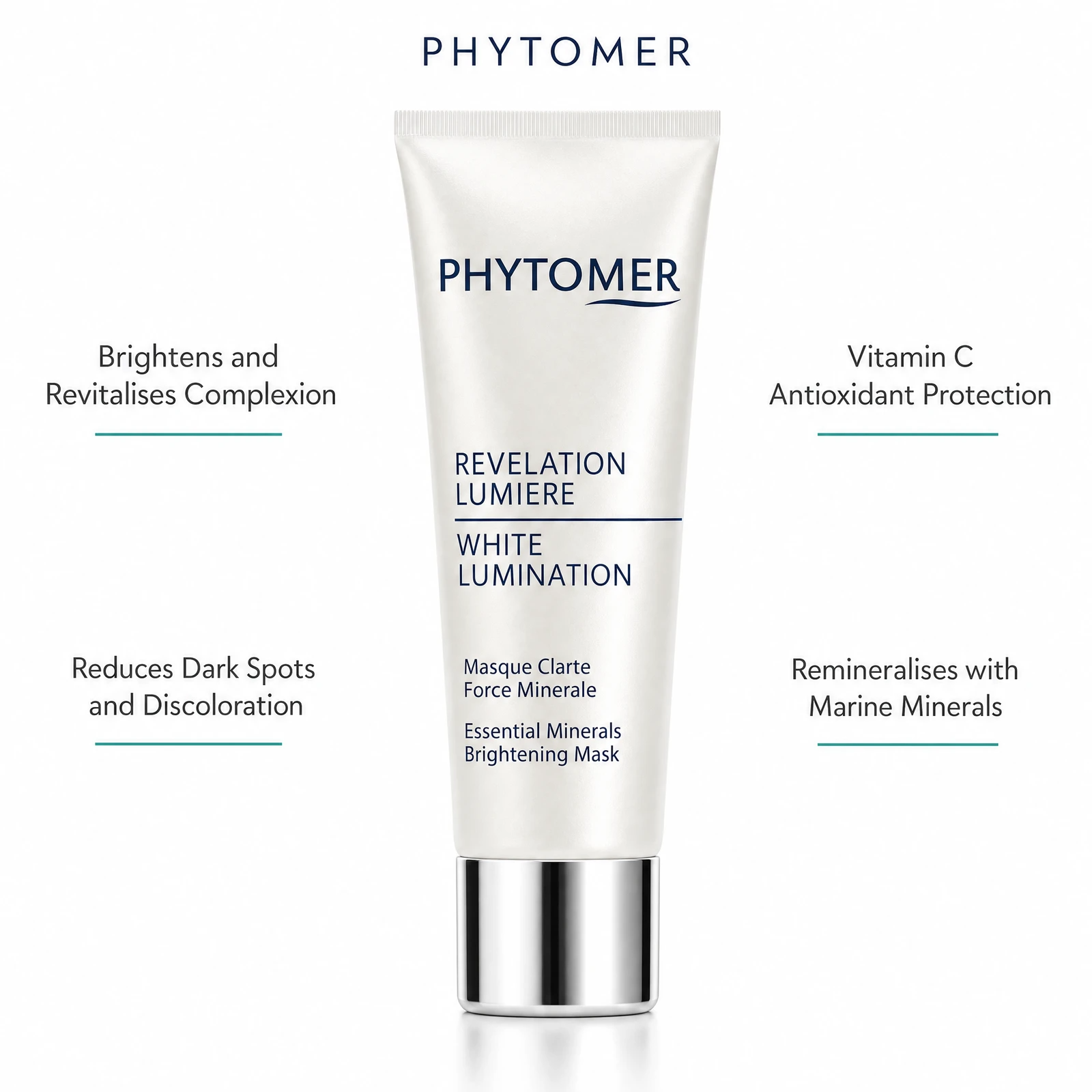 Phytomer Skin Lumination Essential Minerals Brightening Mask 50ml with four benefit callouts: Brightens and Revitalises Complexion, Reduces Dark Spots and Discoloration, Vitamin C Antioxidant Protection, Remineralises with Marine Minerals