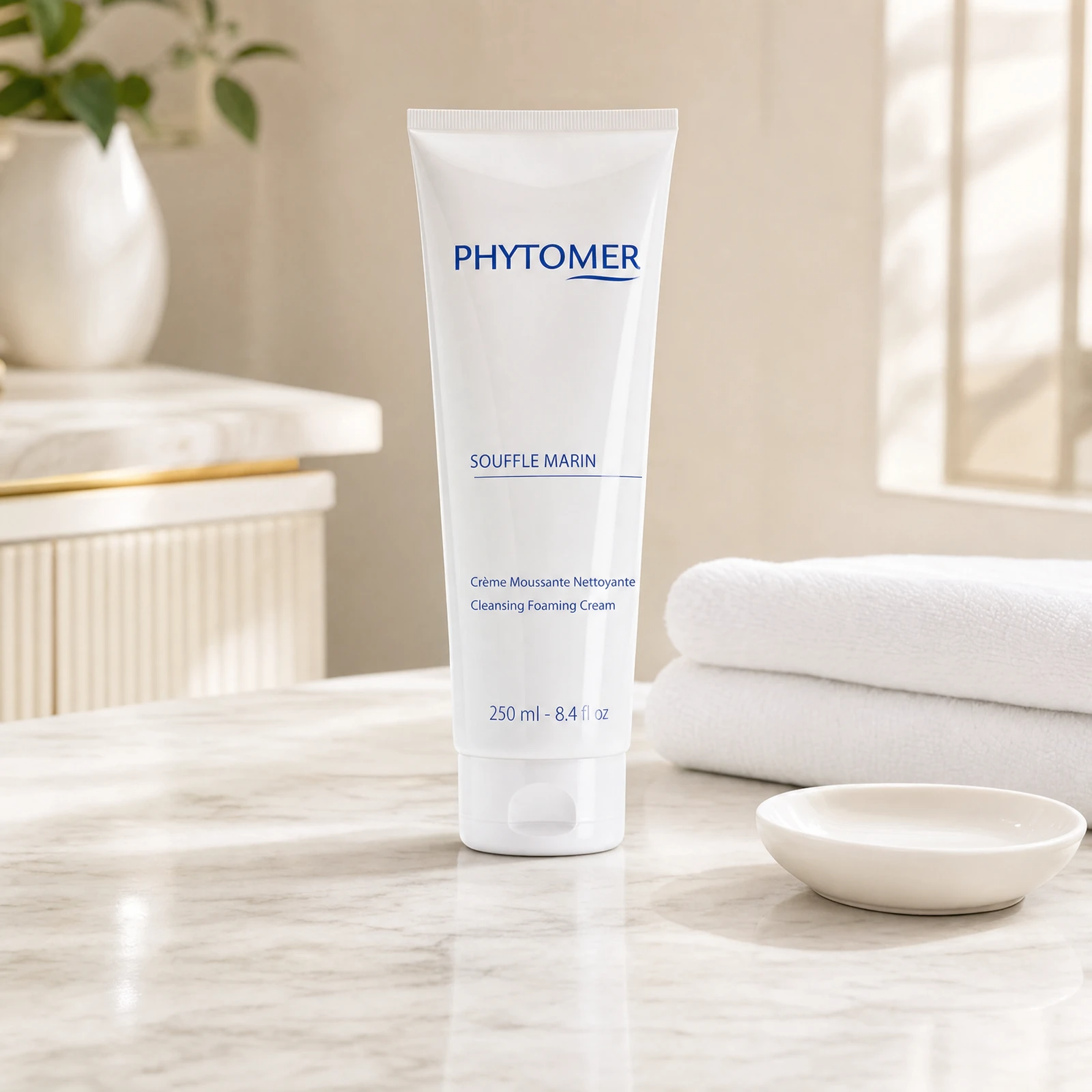Phytomer Souffle Marin Cleansing Foaming Cream 250ml professional tube on a premium beauty clinic marble counter with white spa towels and ceramic dish