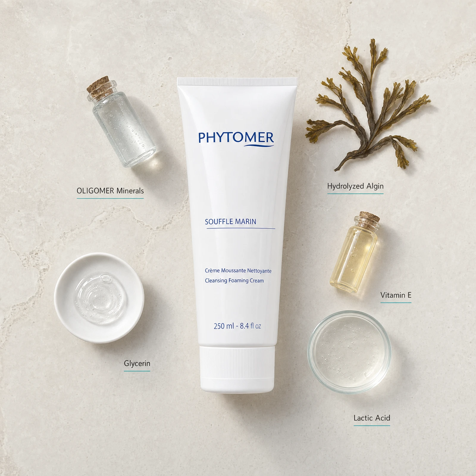 Phytomer Souffle Marin Cleansing Foaming Cream 250ml flatlay with key ingredients including OLIGOMER Minerals, Hydrolyzed Algin marine algae, Glycerin, Vitamin E and Lactic Acid