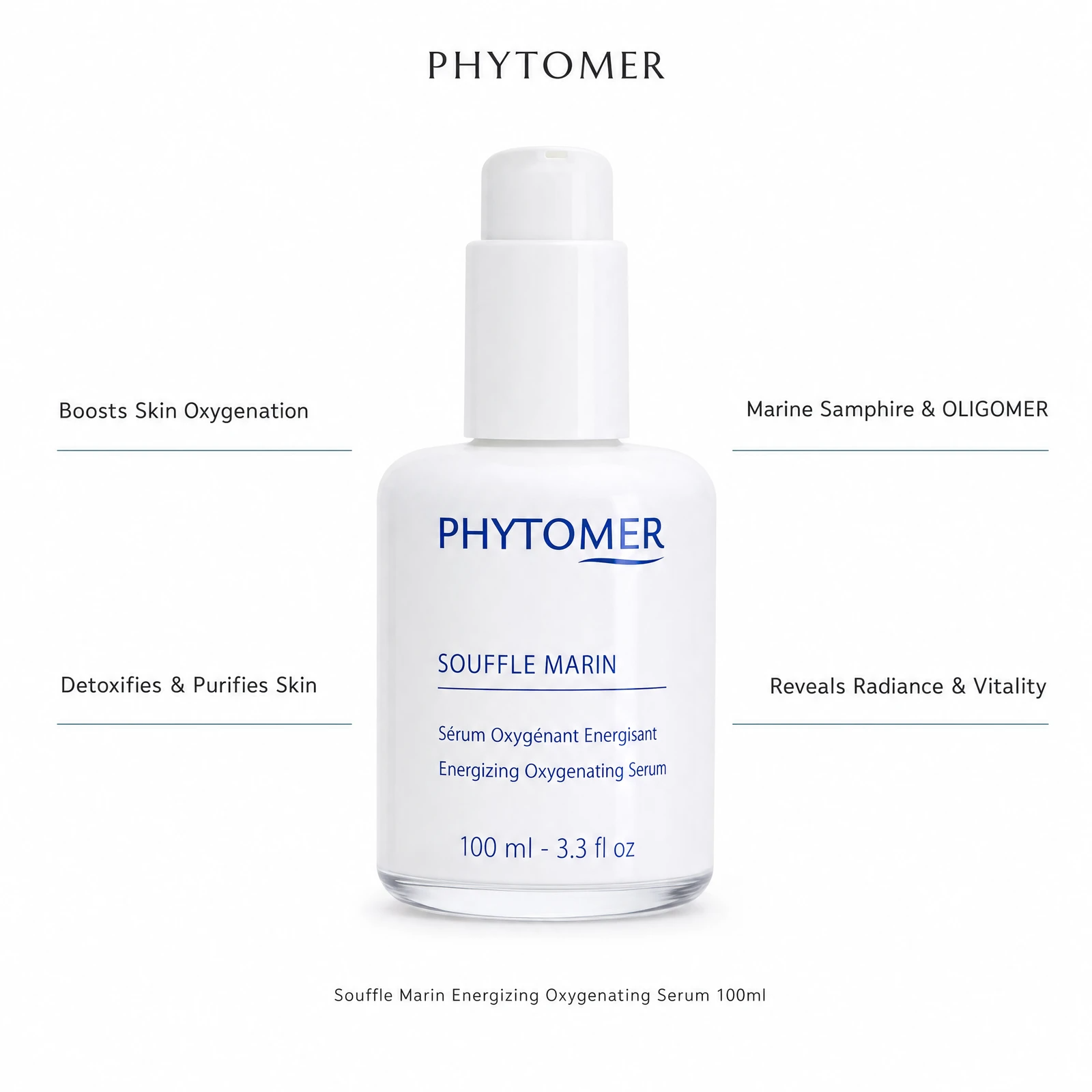 Phytomer Souffle Marin Energizing Oxygenating Serum 100ml with four professional benefit callouts: Boosts Skin Oxygenation, Detoxifies and Purifies Skin, Marine Samphire and OLIGOMER, Reveals Radiance and Vitality