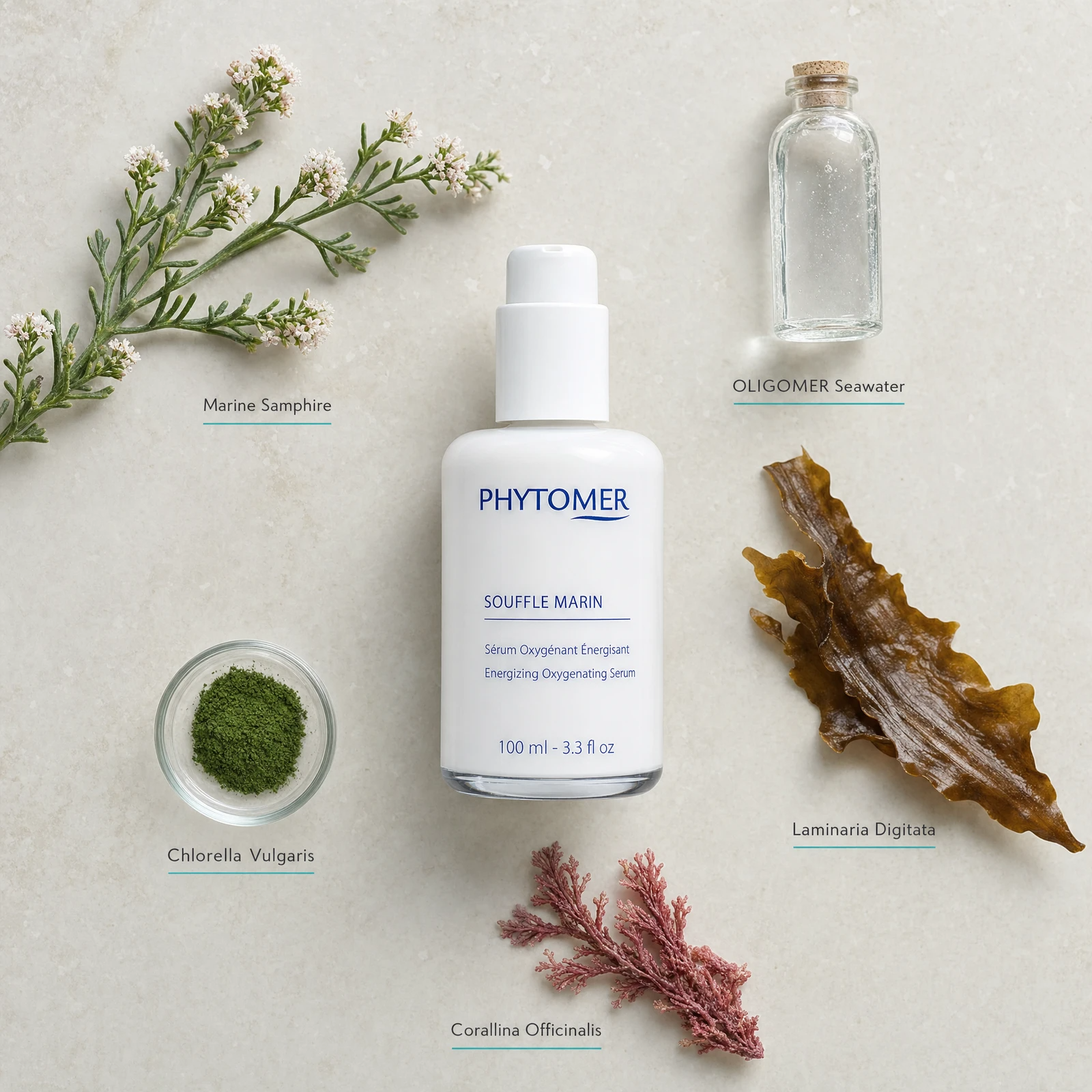 Phytomer Souffle Marin Energizing Oxygenating Serum 100ml flatlay with key ingredients including Marine Samphire, OLIGOMER Seawater, Laminaria Digitata, Chlorella Vulgaris and Corallina Officinalis