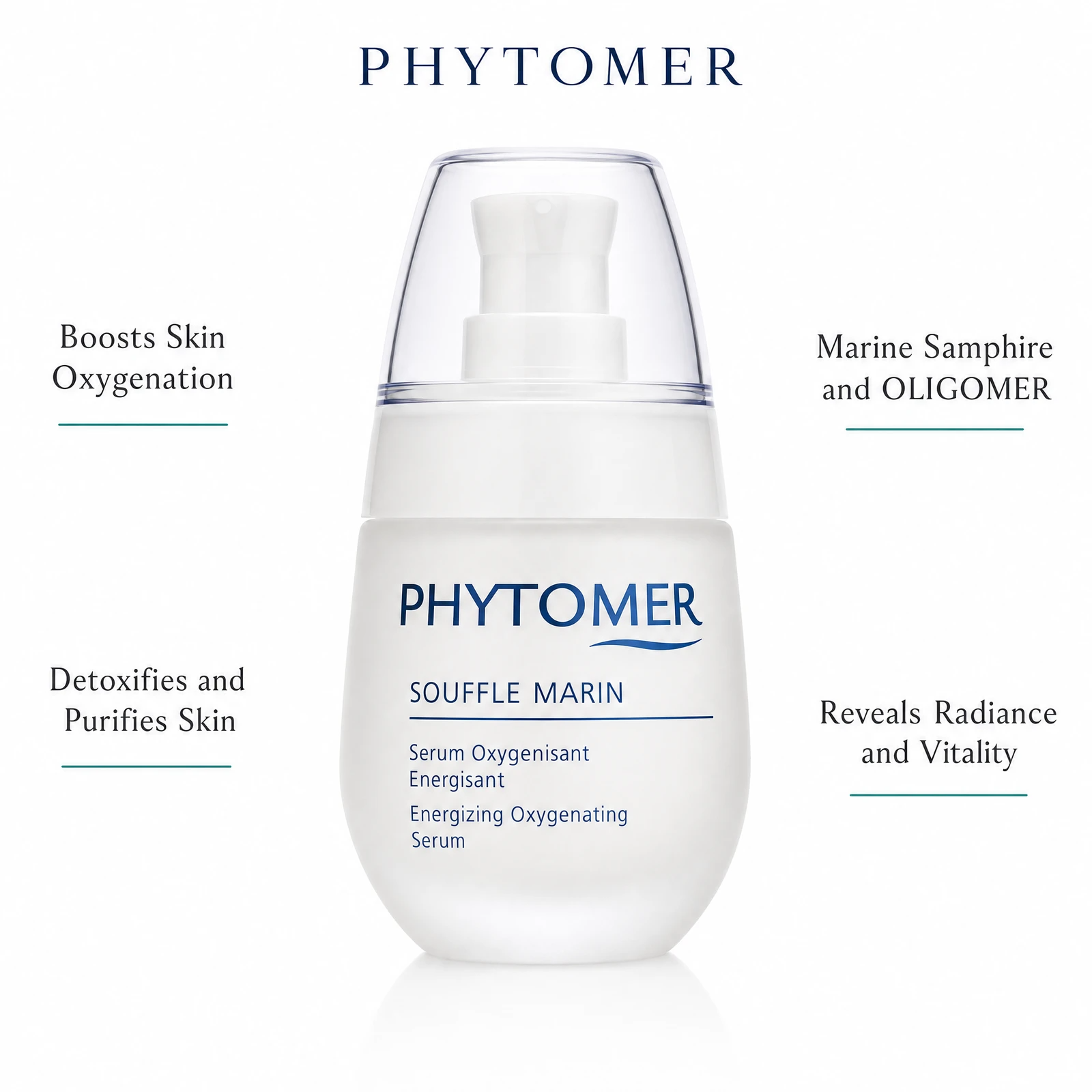 Phytomer Souffle Marin Energizing Oxygenating Serum 30ml with four benefit callouts: Boosts Skin Oxygenation, Detoxifies and Purifies Skin, Marine Samphire and OLIGOMER, Reveals Radiance and Vitality