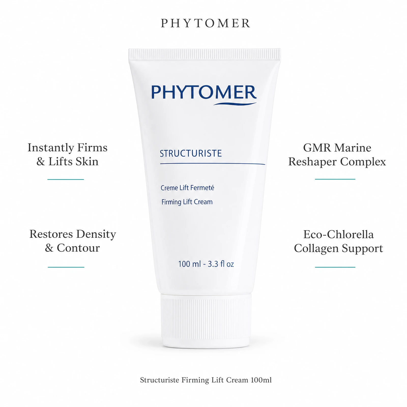 Phytomer Structuriste Firming Lift Cream 100ml with four professional benefit callouts: Instantly Firms and Lifts Skin, Restores Density and Contour, GMR Marine Reshaper Complex, Eco-Chlorella Collagen Support