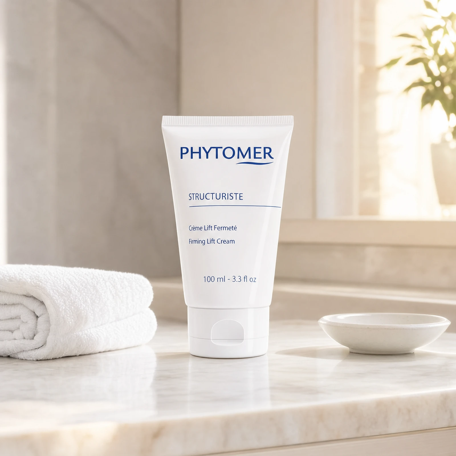 Phytomer Structuriste Firming Lift Cream 100ml professional tube on a premium beauty clinic marble counter with white spa towels and ceramic dish