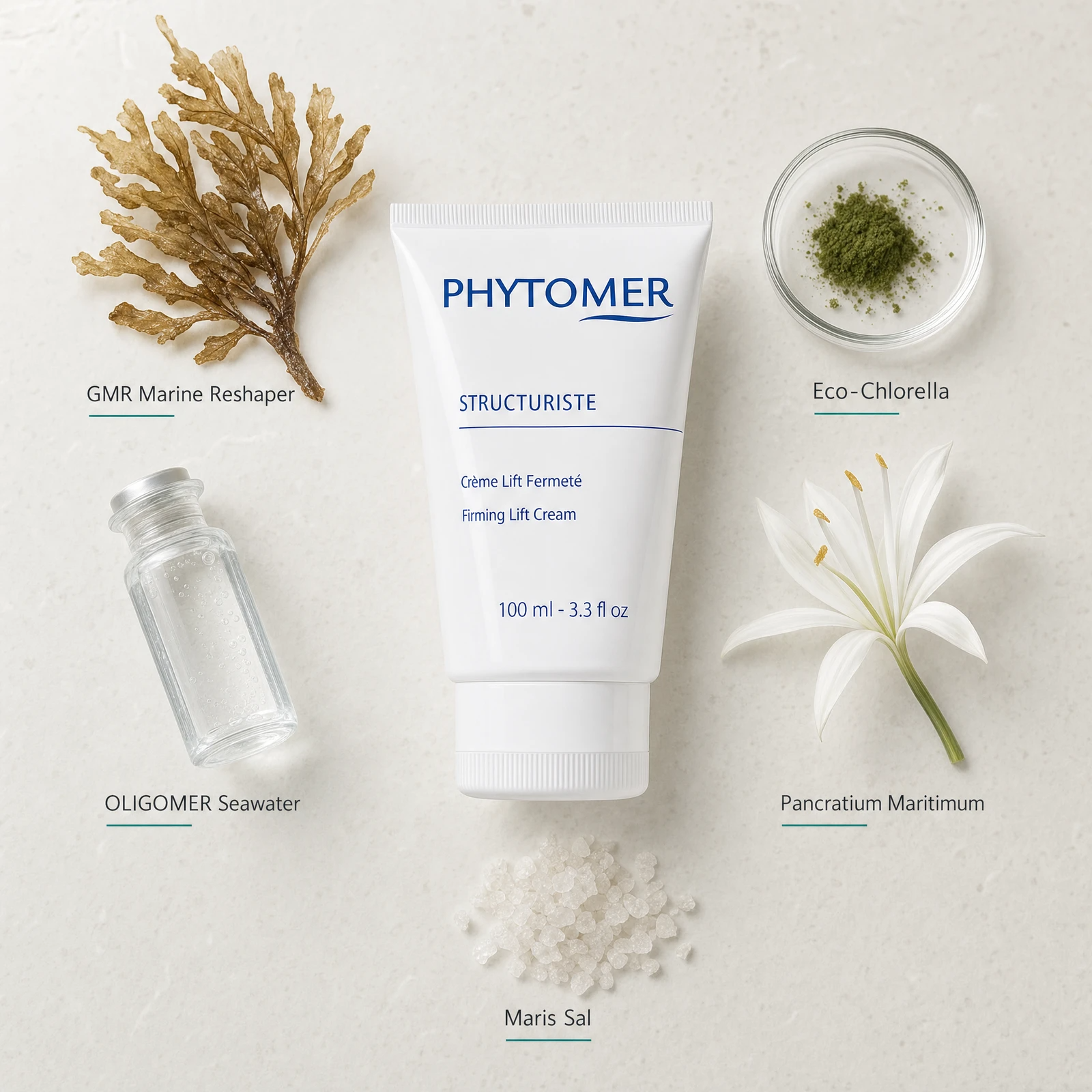 Phytomer Structuriste Firming Lift Cream 100ml flatlay with key ingredients including GMR Marine Reshaper algae, Eco-Chlorella, Pancratium Maritimum sea lily, OLIGOMER Seawater and Maris Sal