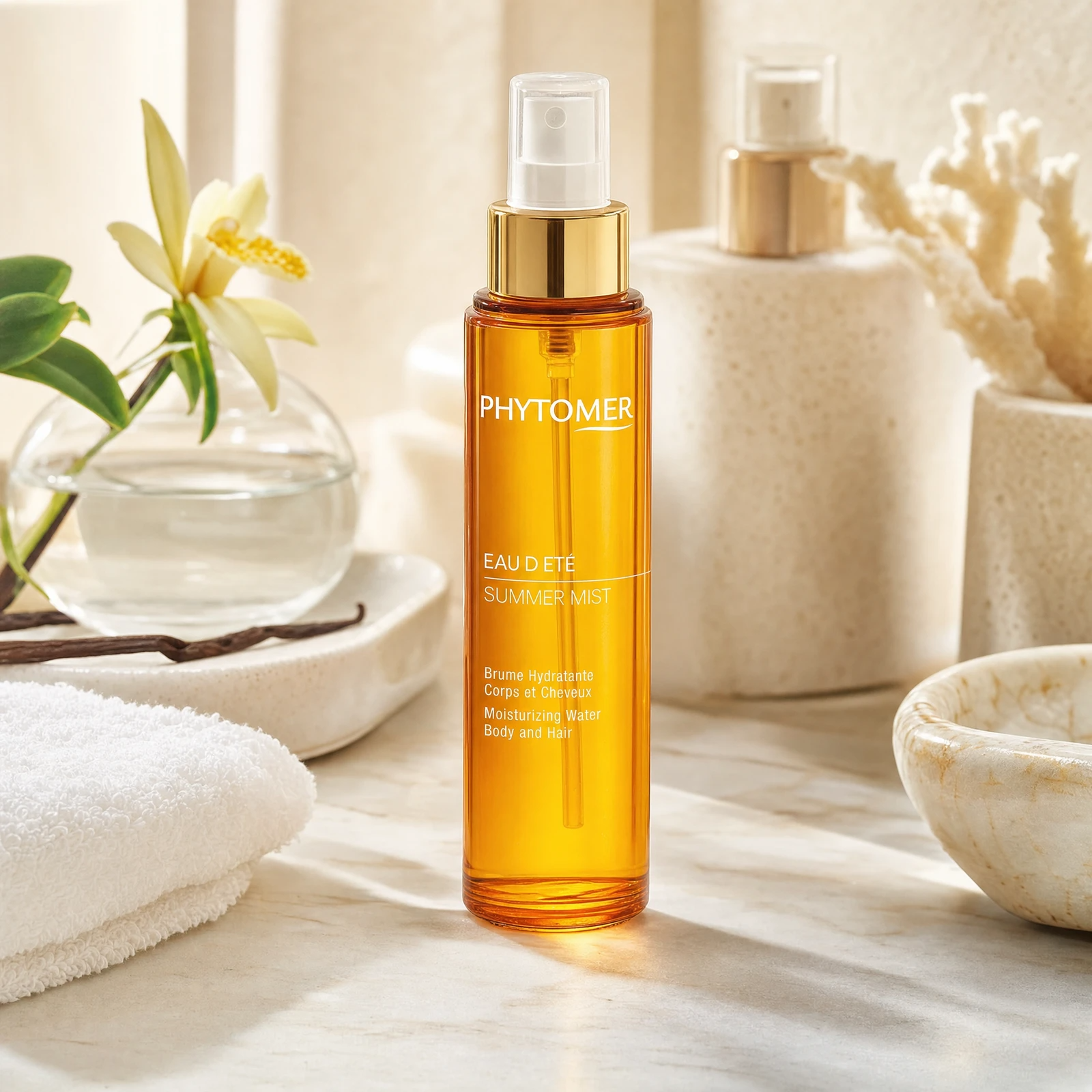 Phytomer Summer Mist Moisturizing Water Body and Hair 100ml on a marble bathroom vanity with vanilla flower, glass vessel, white towel and ceramic tray, premium at-home summer skincare setting