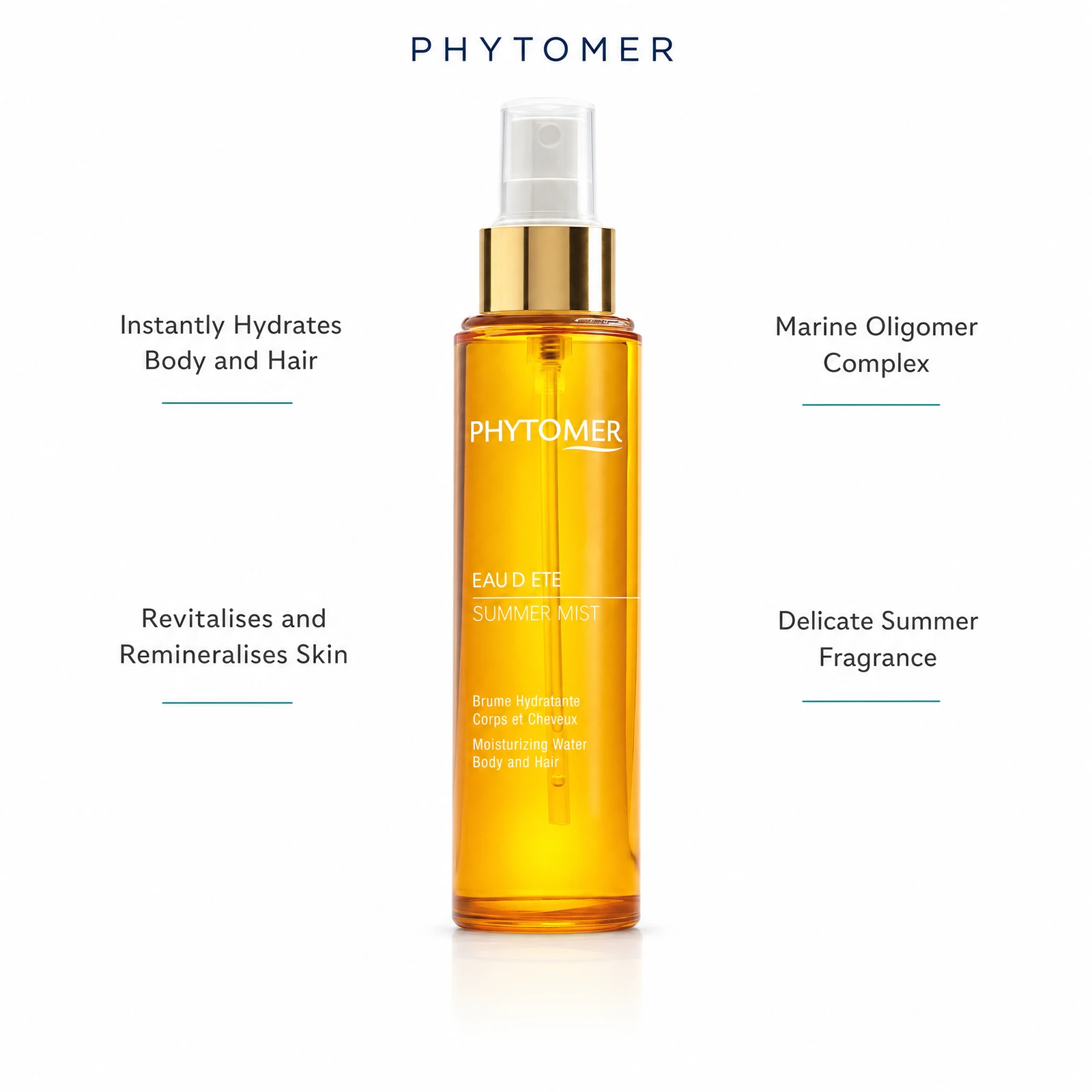 Phytomer Summer Mist Moisturizing Water Body and Hair 100ml with four benefit callouts: Instantly Hydrates Body and Hair, Revitalises and Remineralises Skin, Marine Oligomer Complex, Delicate Summer Fragrance