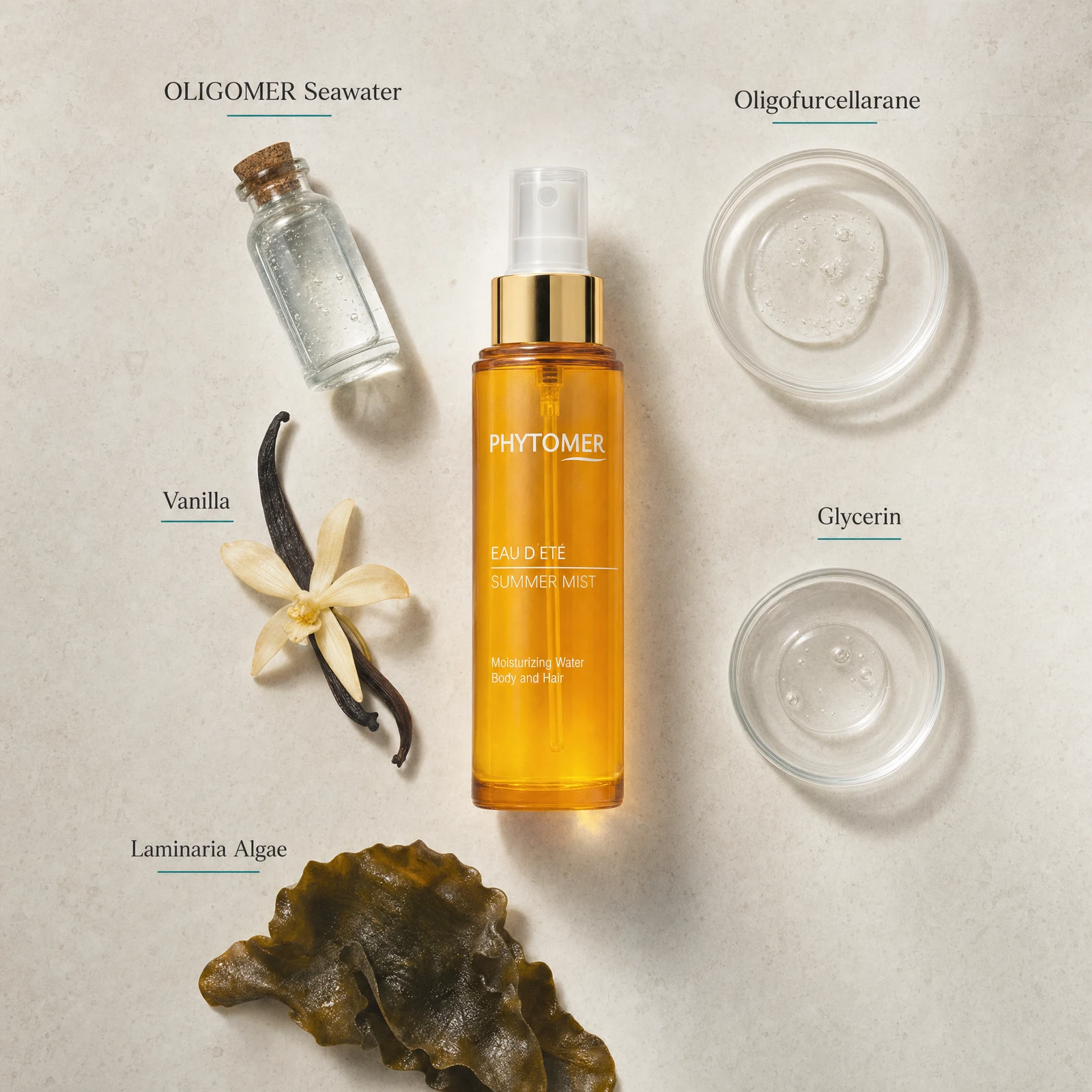 Phytomer Summer Mist Moisturizing Water Body and Hair 100ml flatlay on limestone surface with OLIGOMER Seawater, Oligofurcellarane, Vanilla, Glycerin, and Laminaria Algae