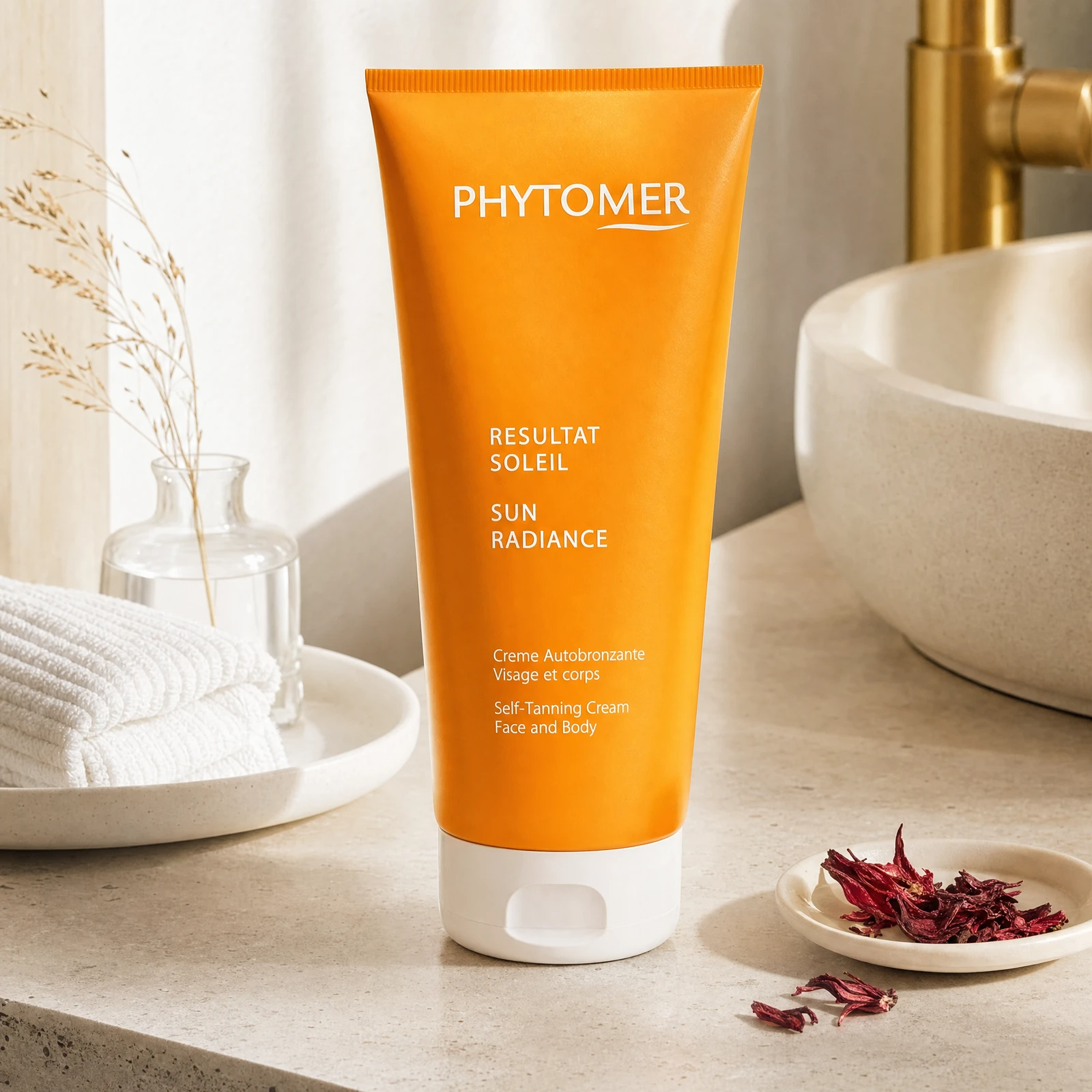 Phytomer Sun Radiance Self-Tanning Cream 125ml on a stone bathroom vanity with dried hibiscus, glass vessel, white towels and ceramic dish, premium at-home summer skincare setting