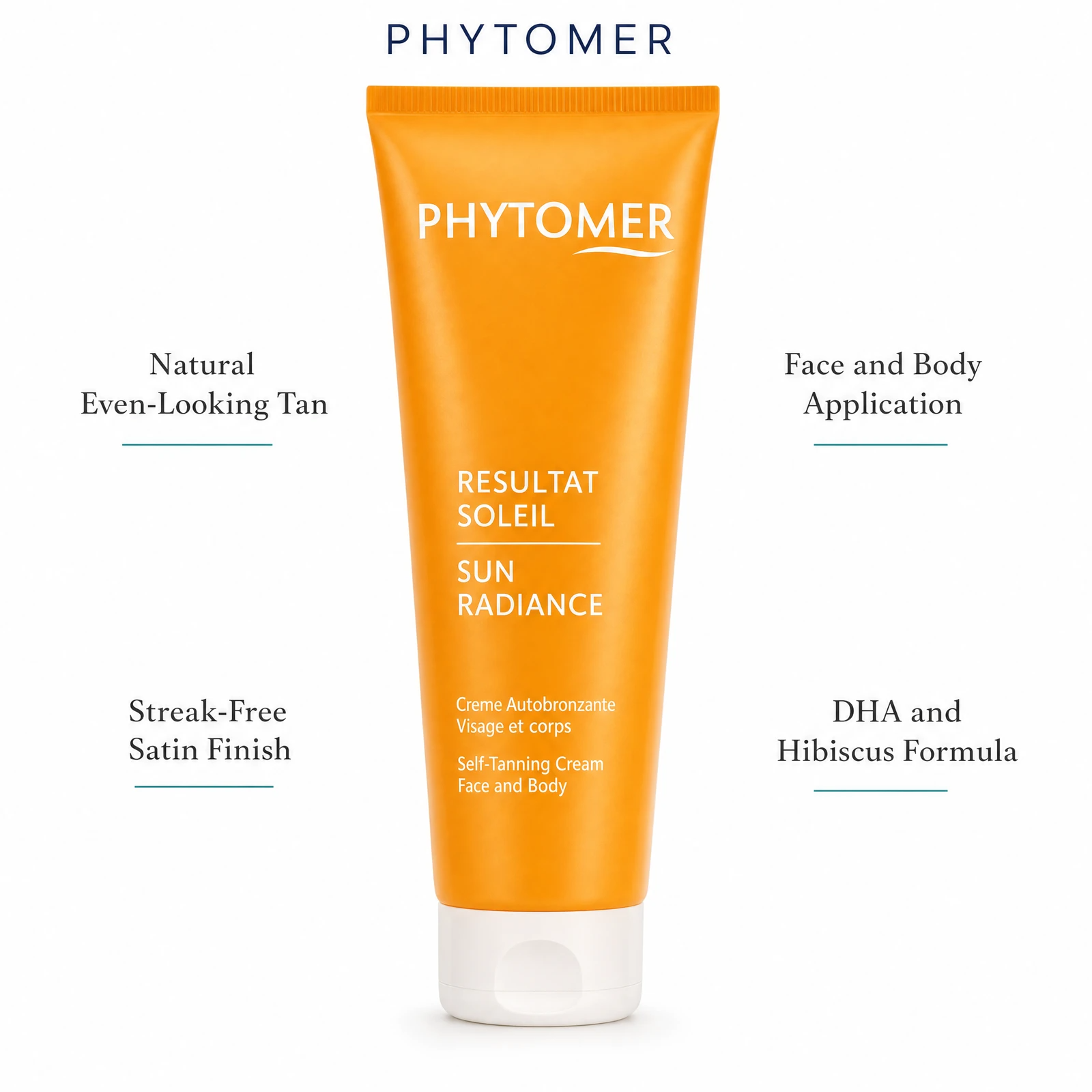 Phytomer Sun Radiance Self-Tanning Cream 125ml with four benefit callouts: Natural Even-Looking Tan, Streak-Free Satin Finish, Face and Body Application, DHA and Hibiscus Formula