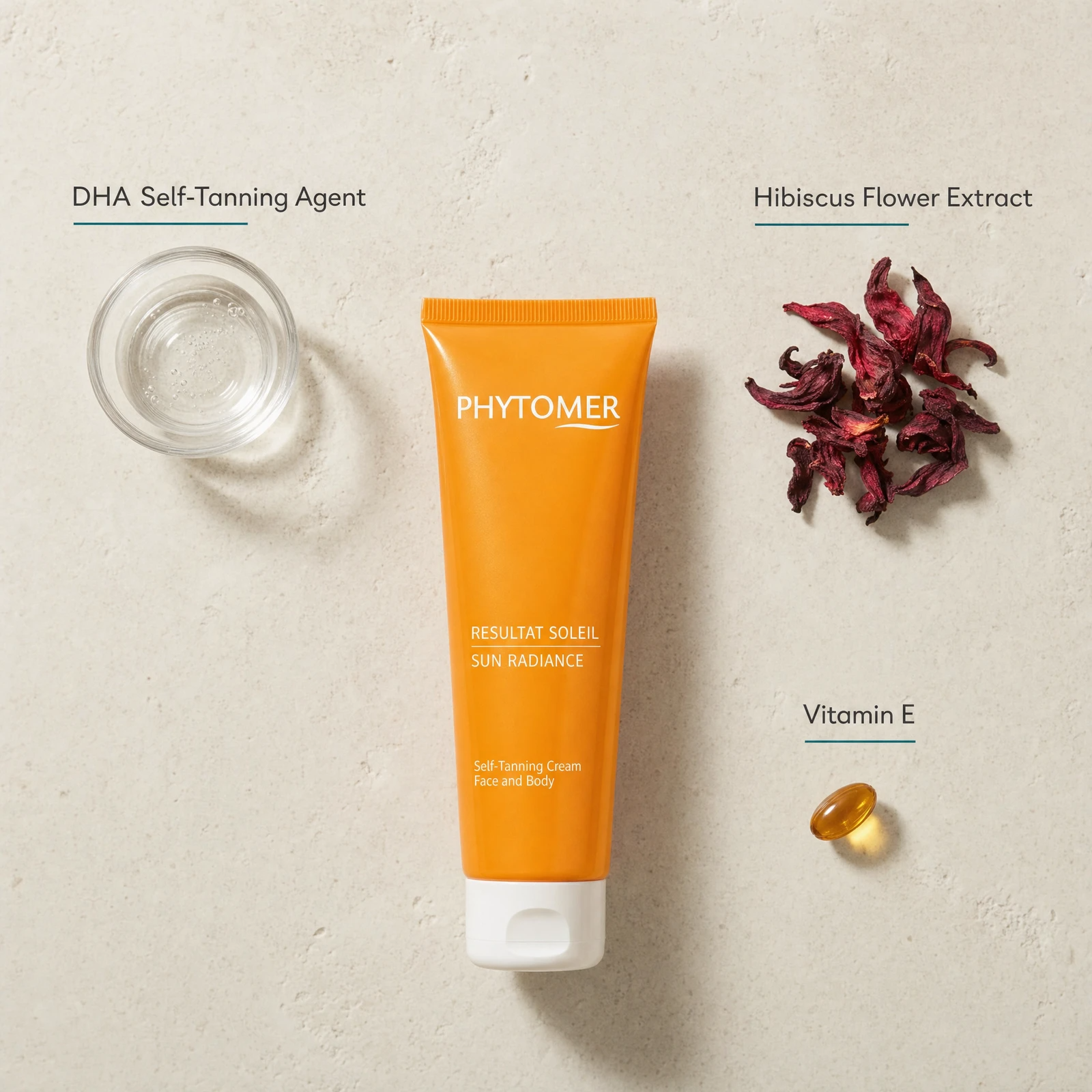 Phytomer Sun Radiance Self-Tanning Cream 125ml flatlay on limestone surface with DHA Self-Tanning Agent, Hibiscus Flower Extract, and Vitamin E