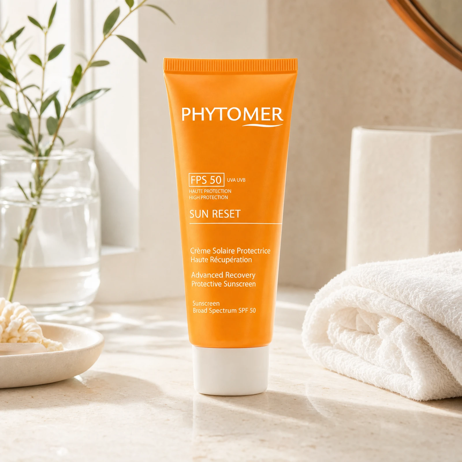Phytomer Sun Reset Advanced Recovery Protective Sunscreen SPF50 50ml on a marble bathroom vanity with botanical, glass vessel, ceramic dish and white towels, premium at-home skincare setting