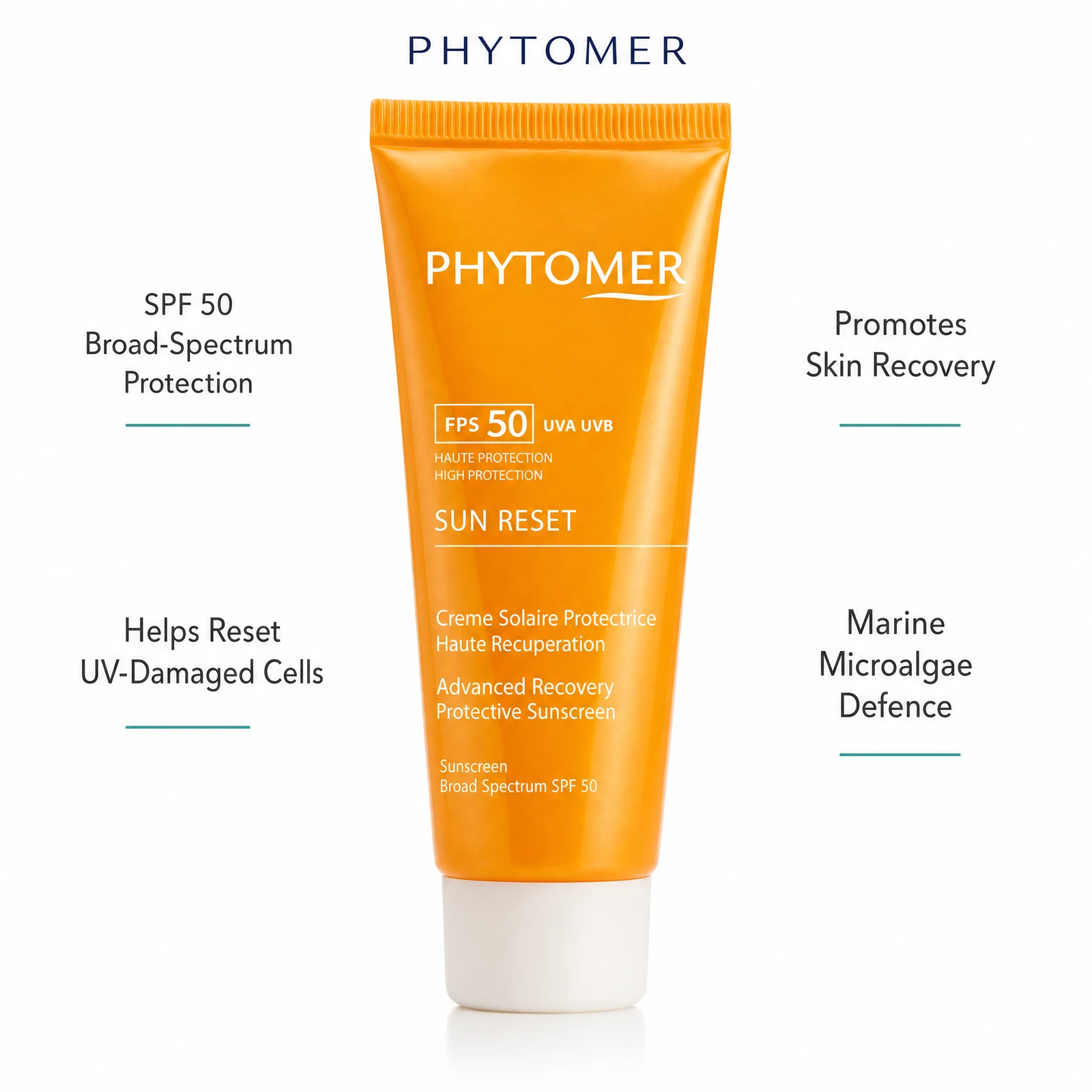 Phytomer Sun Reset Advanced Recovery Protective Sunscreen SPF50 50ml with four benefit callouts: SPF 50 Broad-Spectrum Protection, Helps Reset UV-Damaged Cells, Promotes Skin Recovery, Marine Microalgae Defence