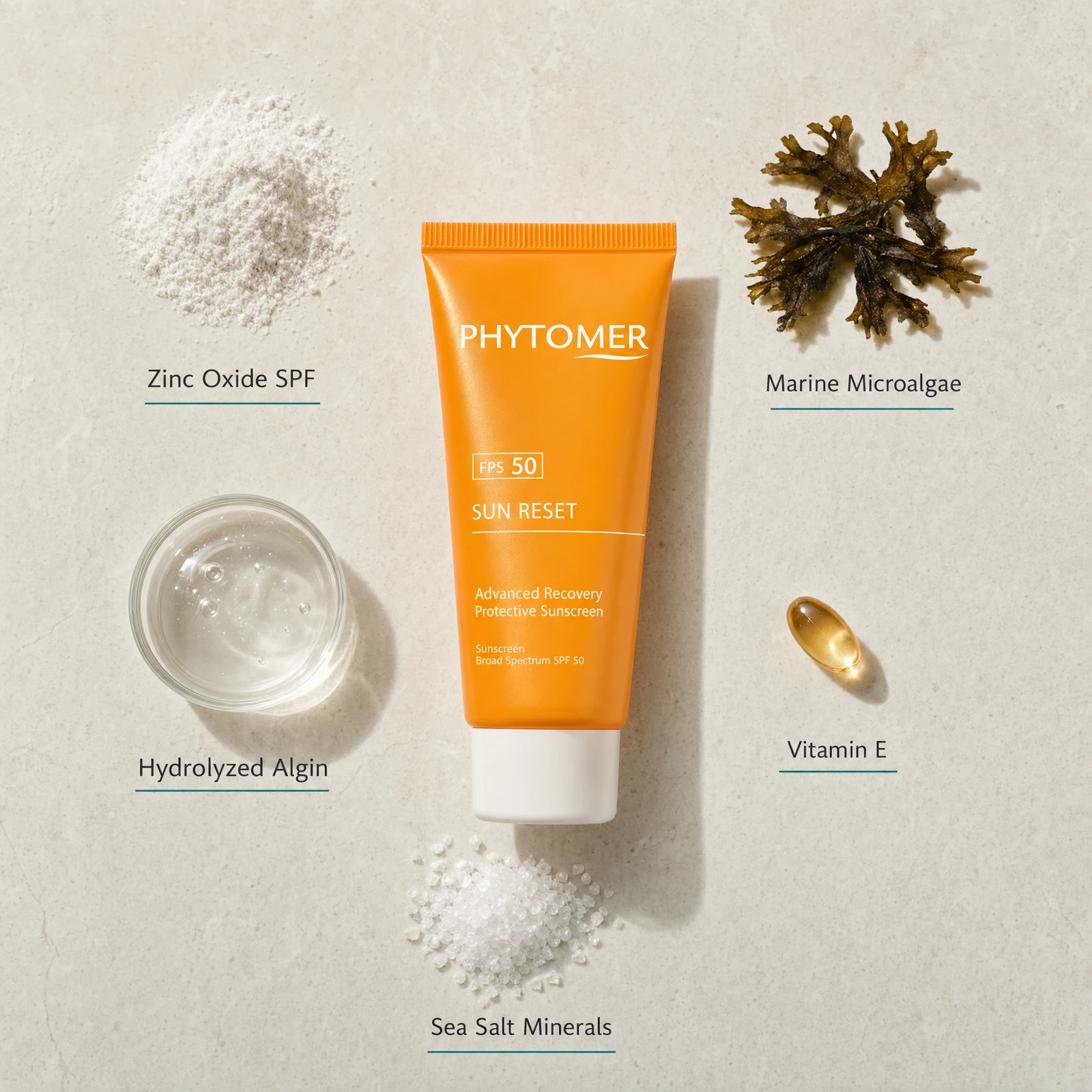 Phytomer Sun Reset Advanced Recovery Protective Sunscreen SPF50 50ml flatlay on limestone surface with Zinc Oxide SPF, Marine Microalgae, Hydrolyzed Algin, Vitamin E, and Sea Salt Minerals