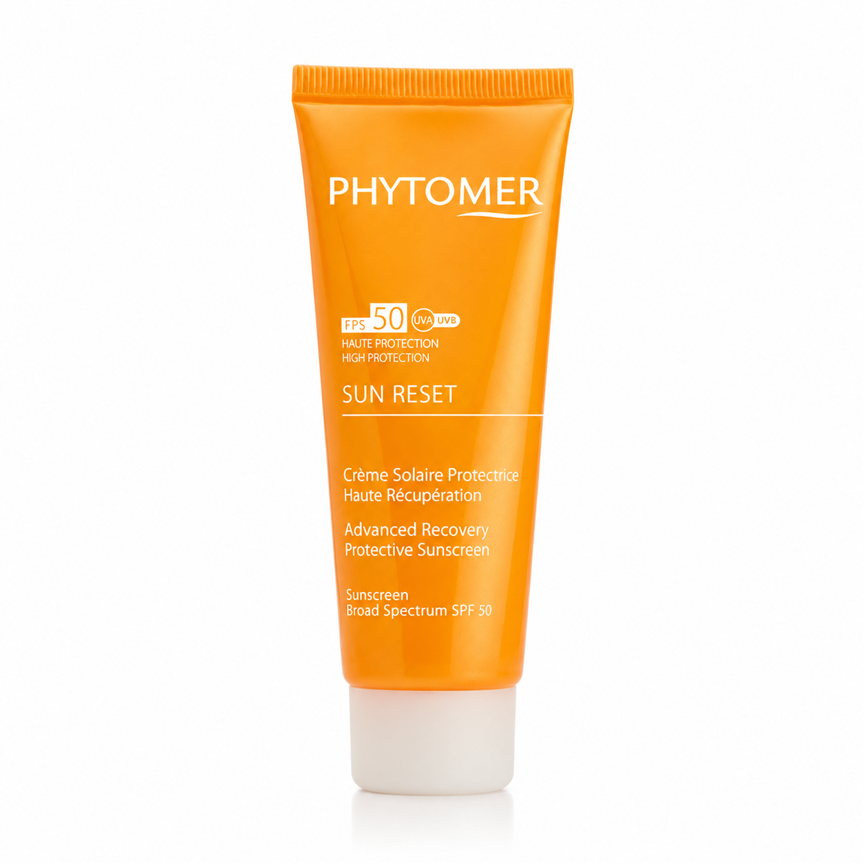 Phytomer Sun Reset Advanced Recovery Protective Sunscreen SPF50 50ml displayed on a clean white background with bright orange tube packaging for high-protection daily sun care.