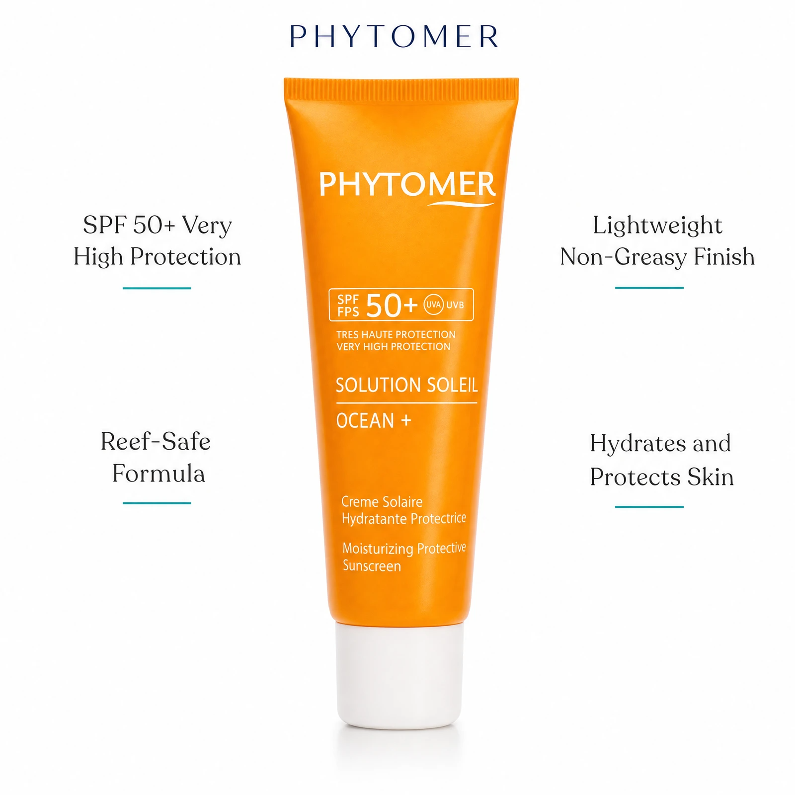 Phytomer Sun Solution Ocean+ SPF50 Moisturizing Protective Sunscreen 50ml with four benefit callouts: SPF 50+ Very High Protection, Reef-Safe Formula, Lightweight Non-Greasy Finish, Hydrates and Protects Skin