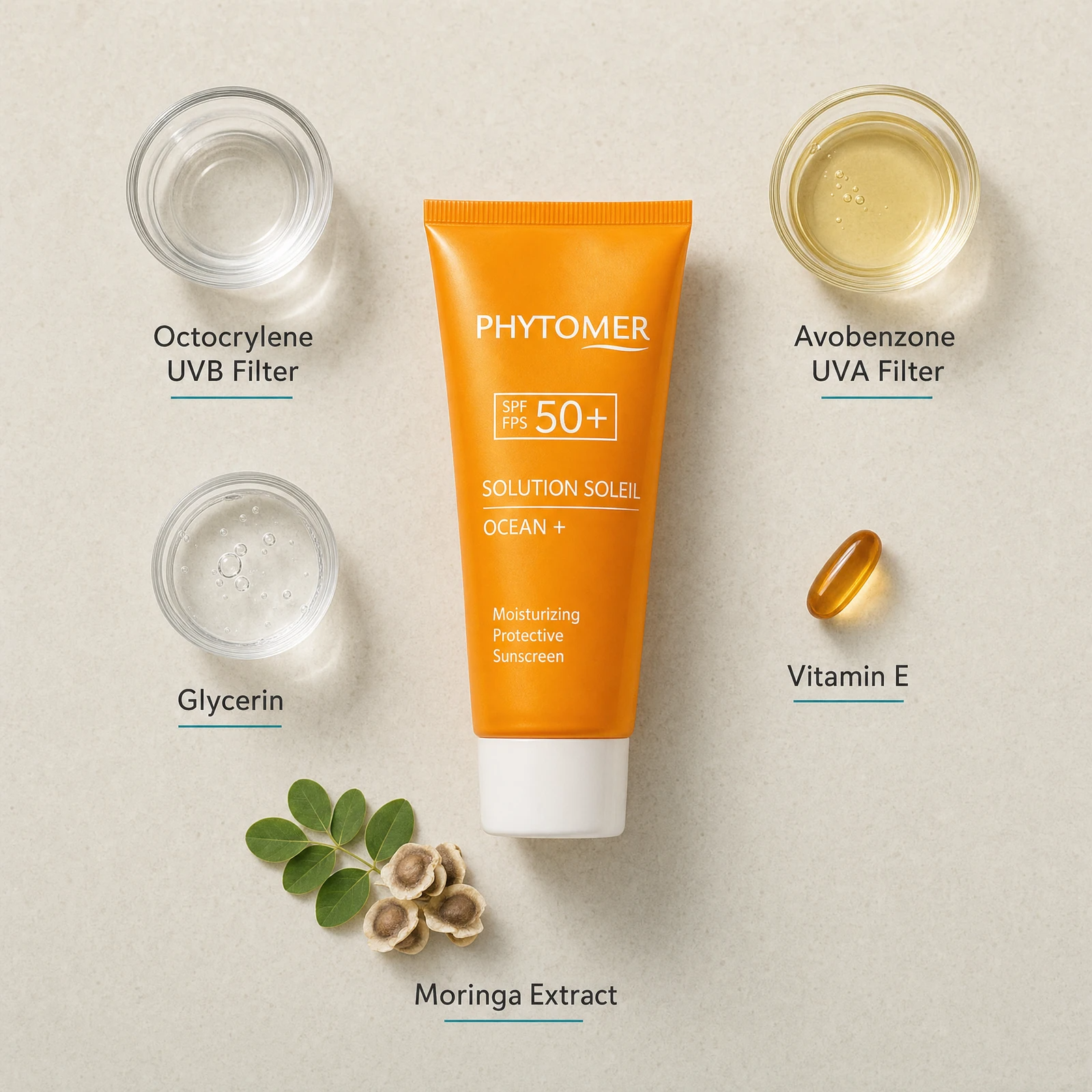 Phytomer Sun Solution Ocean+ SPF50 Moisturizing Protective Sunscreen 50ml flatlay on limestone surface with Octocrylene UVB Filter, Avobenzone UVA Filter, Glycerin, Vitamin E, and Moringa Extract