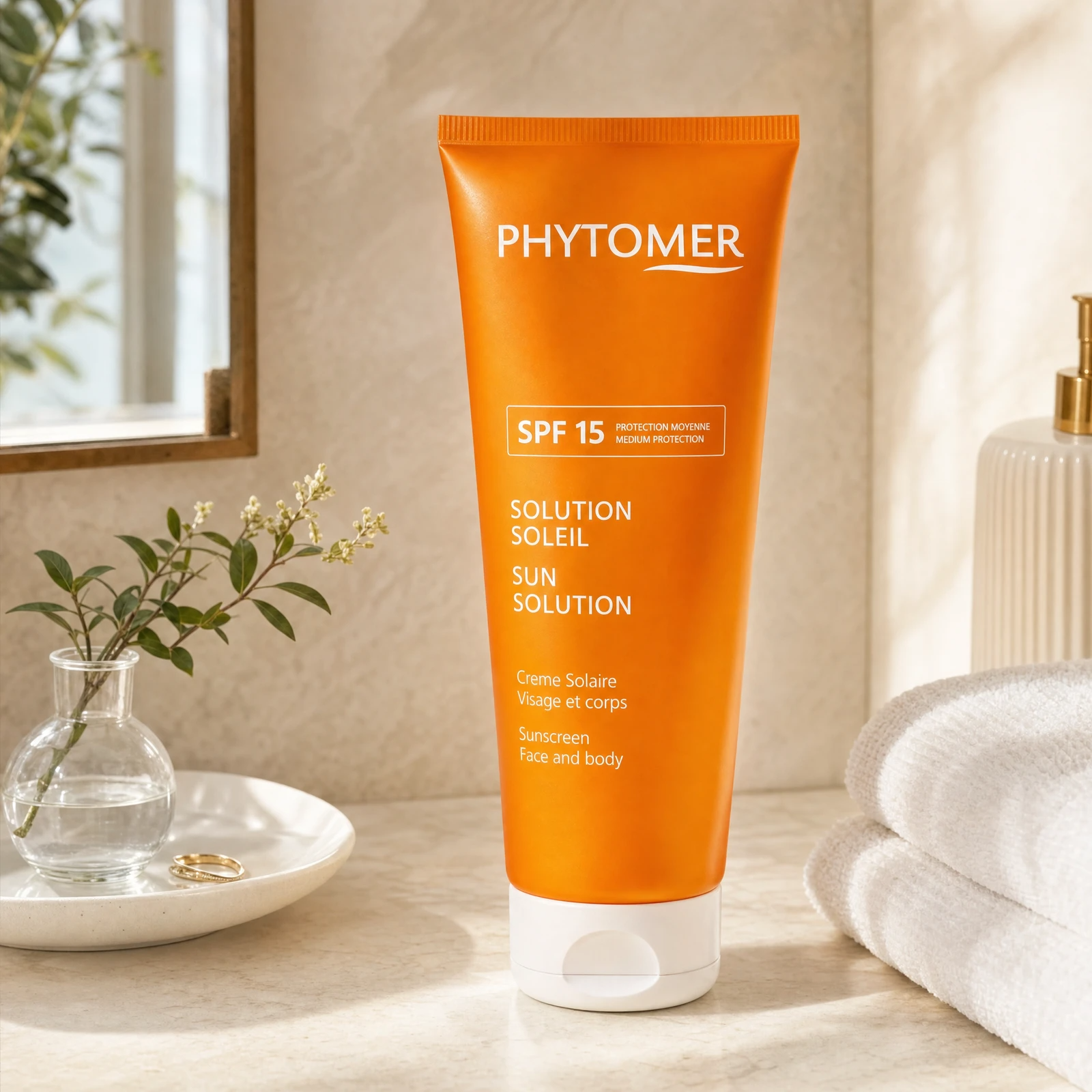 Phytomer Sun Solution Sunscreen SPF15 Medium Protection 125ml on a marble bathroom counter with botanical in glass vessel, white towels and ceramic dish, premium at-home summer skincare setting