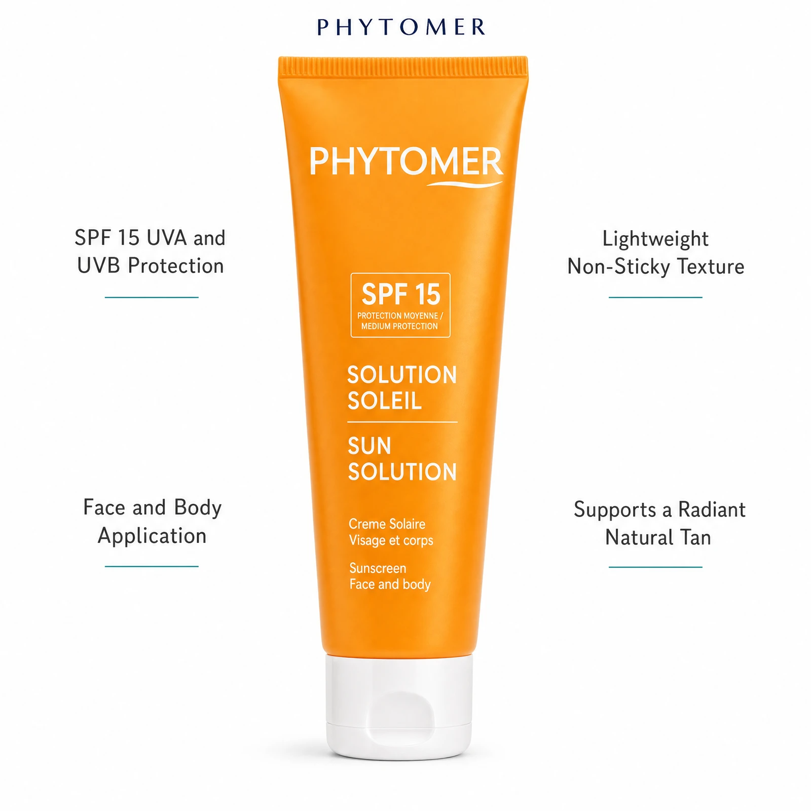 Phytomer Sun Solution Sunscreen SPF15 Medium Protection 125ml with four benefit callouts: SPF 15 UVA and UVB Protection, Face and Body Application, Lightweight Non-Sticky Texture, Supports a Radiant Natural Tan