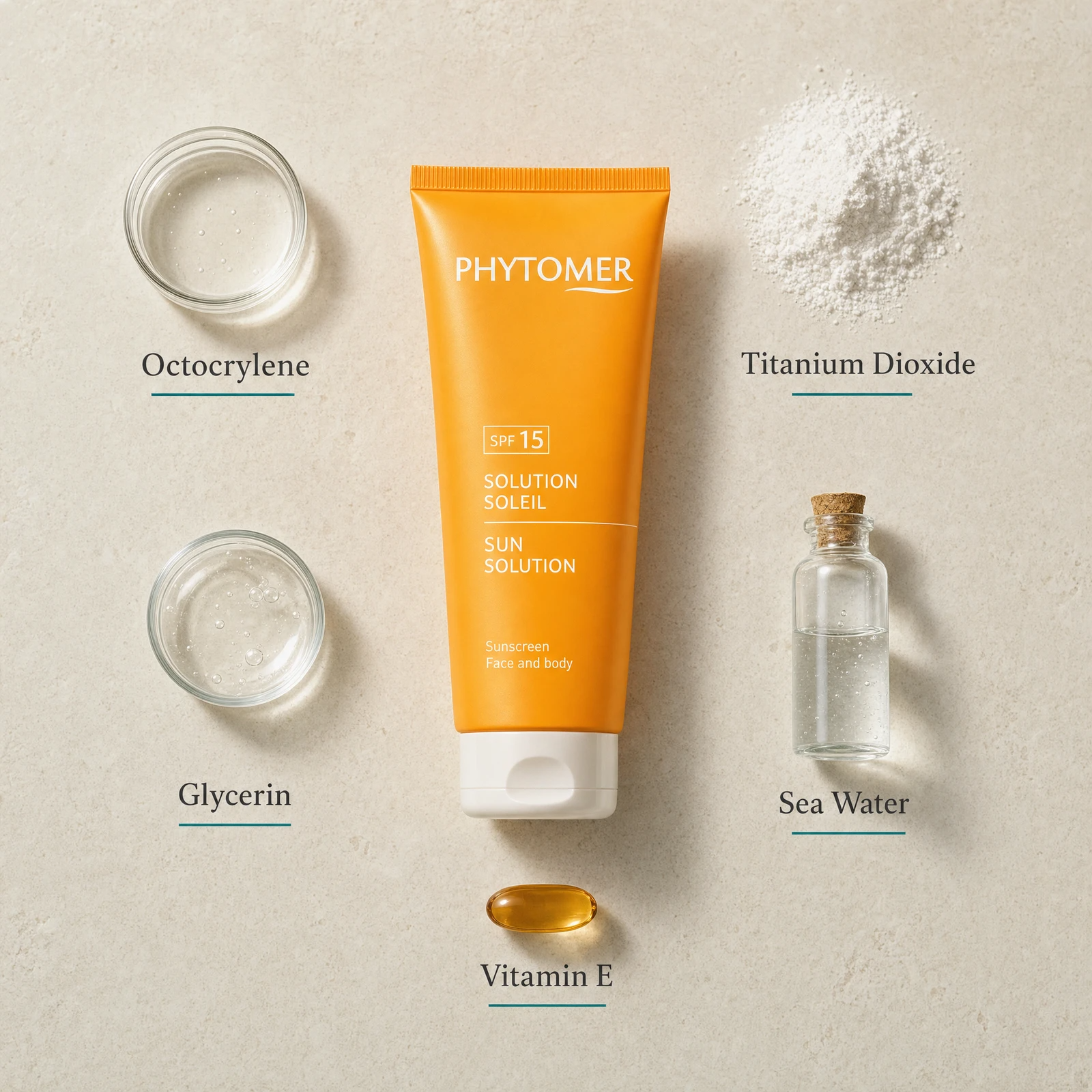 Phytomer Sun Solution Sunscreen SPF15 Medium Protection 125ml flatlay on limestone surface with Octocrylene, Titanium Dioxide, Glycerin, Sea Water, and Vitamin E