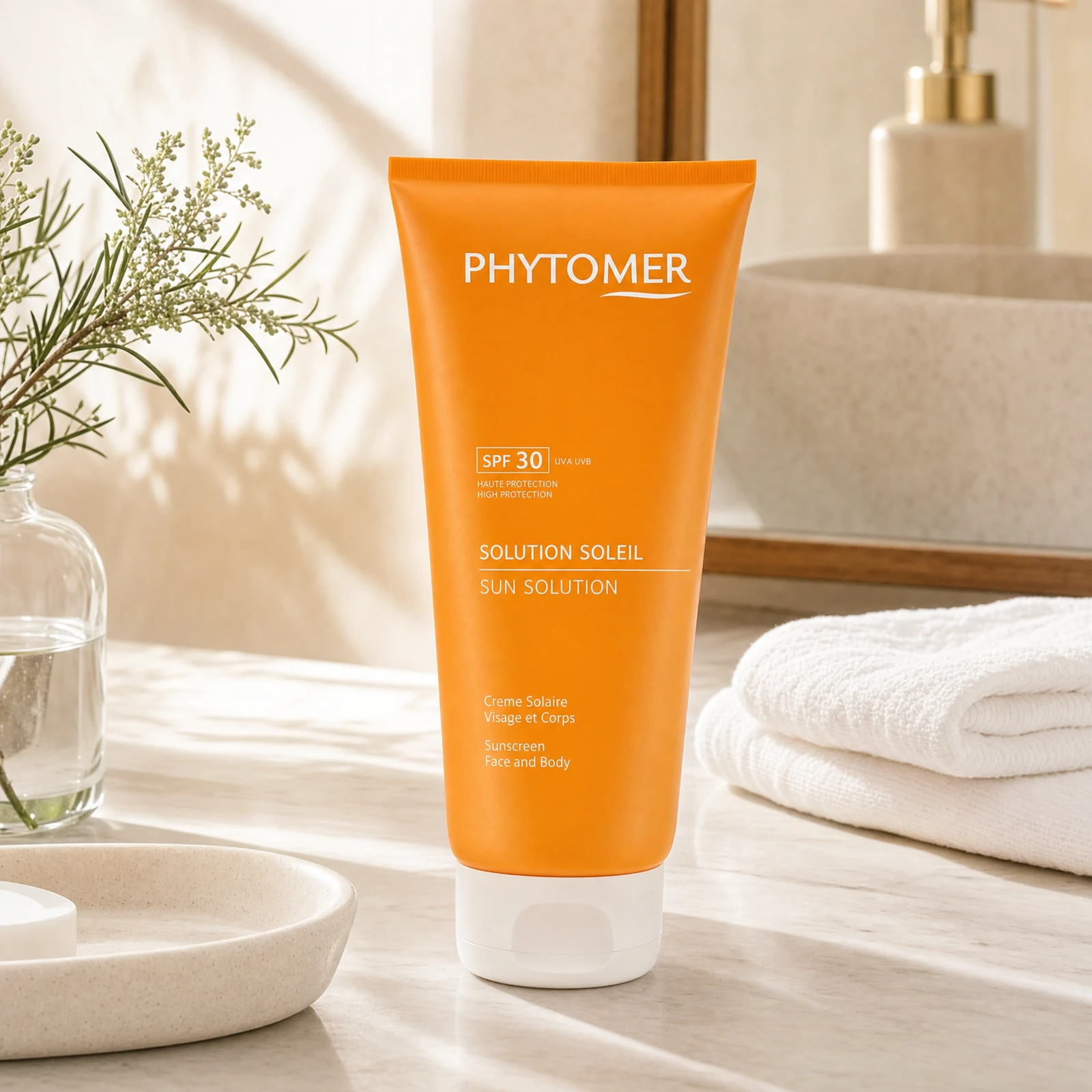 Phytomer Sun Solution Sunscreen SPF30 Face and Body 125ml on a marble bathroom vanity with botanical, glass vessel, ceramic dish and white towels, premium at-home skincare setting